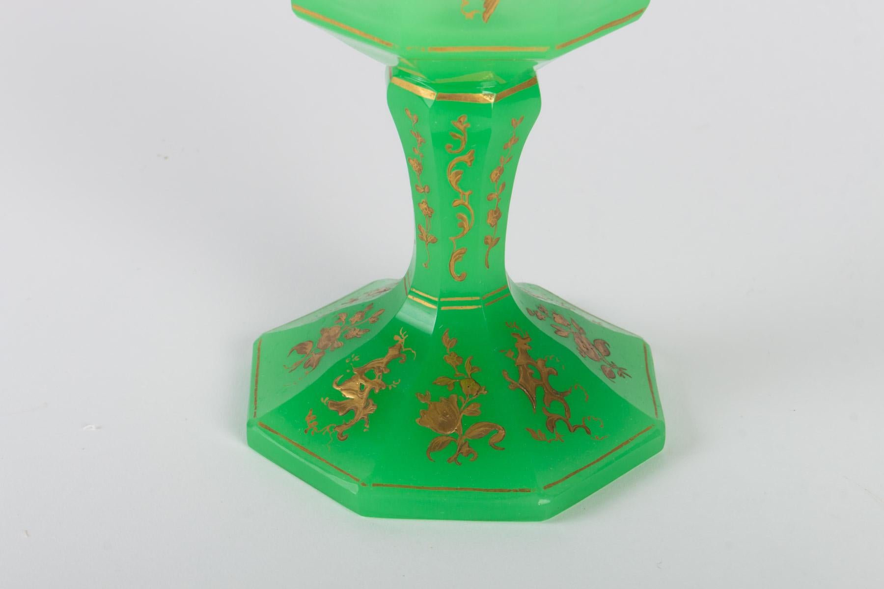 French Covered Cup in Opaline, Green and Gold Enamel, Napoleon III, 19th Century