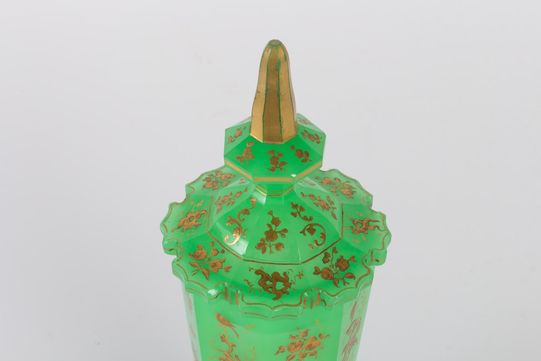 Late 19th Century Covered Cup in Opaline, Green and Gold Enamel, Napoleon III, 19th Century