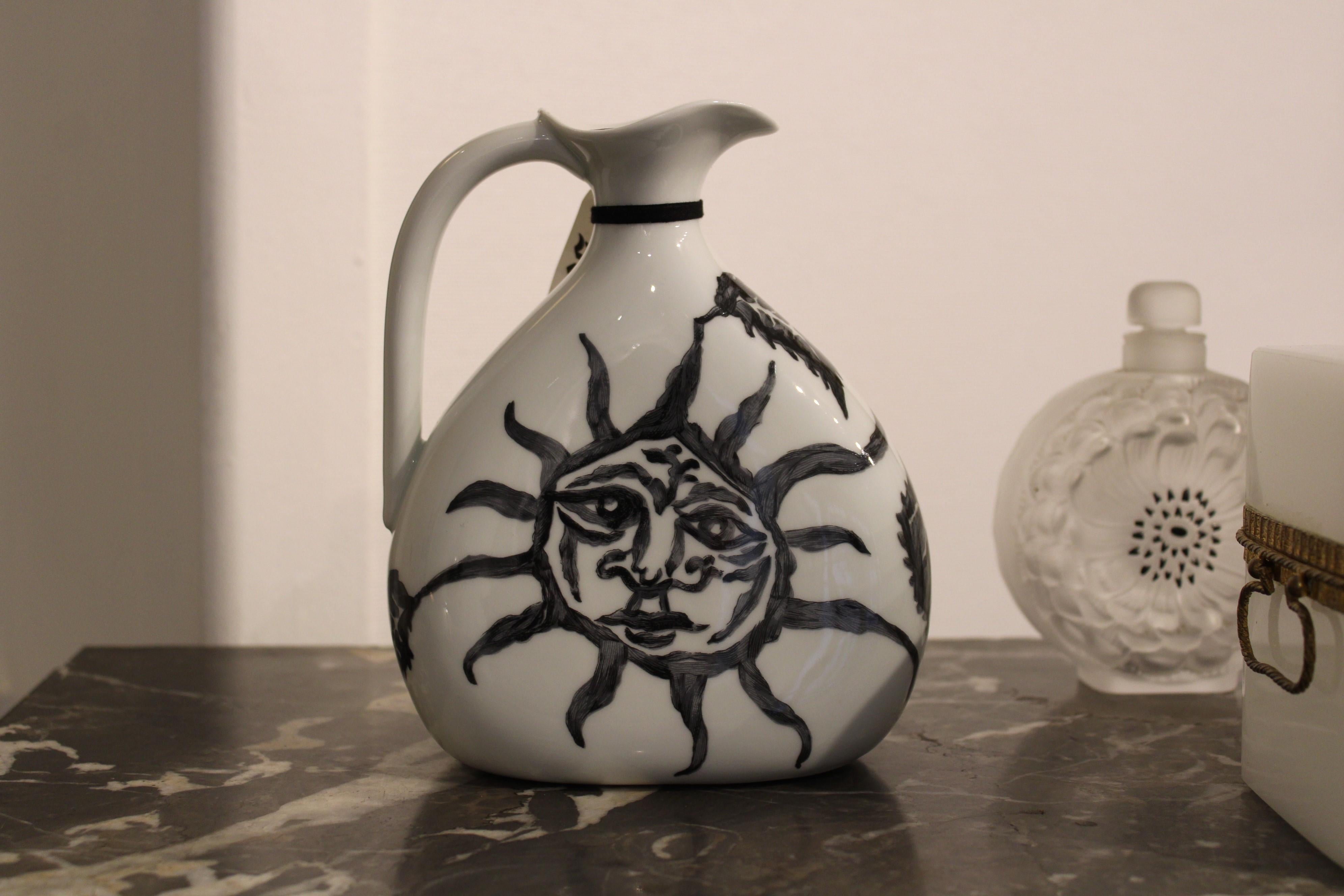 French Covered pot in enamelled porcelain with a sun, France, circa 1960 For Sale