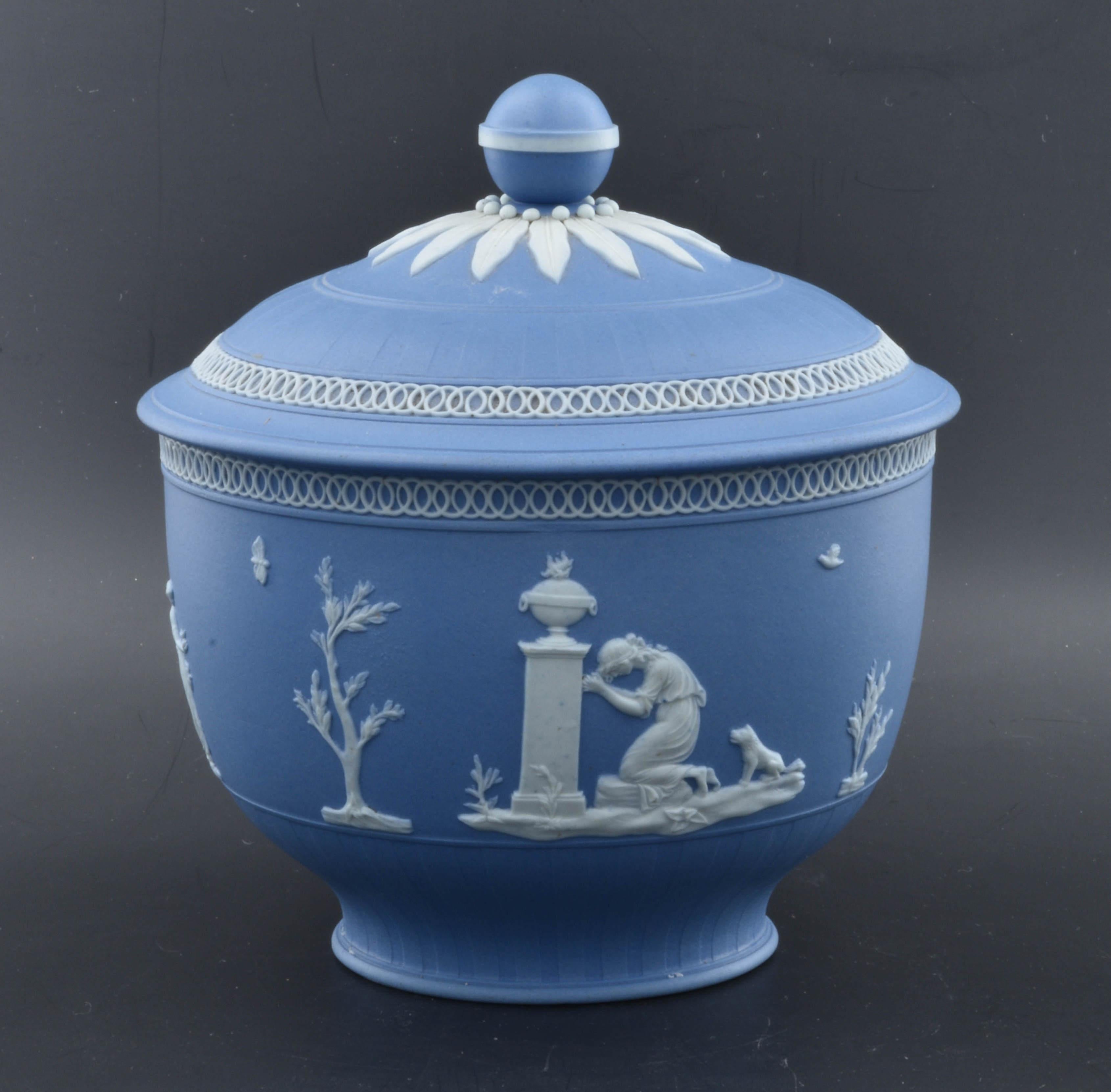 A fine sugar box in 'Adams Blue' jasperware. 

William Adams was apprenticed to Josiah Wedgwood, and helped with the development of jasperware. He later founded his own, very successful pottery, and made very fine jasperwar, usually in a distinctive