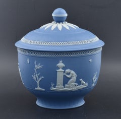 Covered Sugar Box in Blue Jasperware. Adams C1790.
