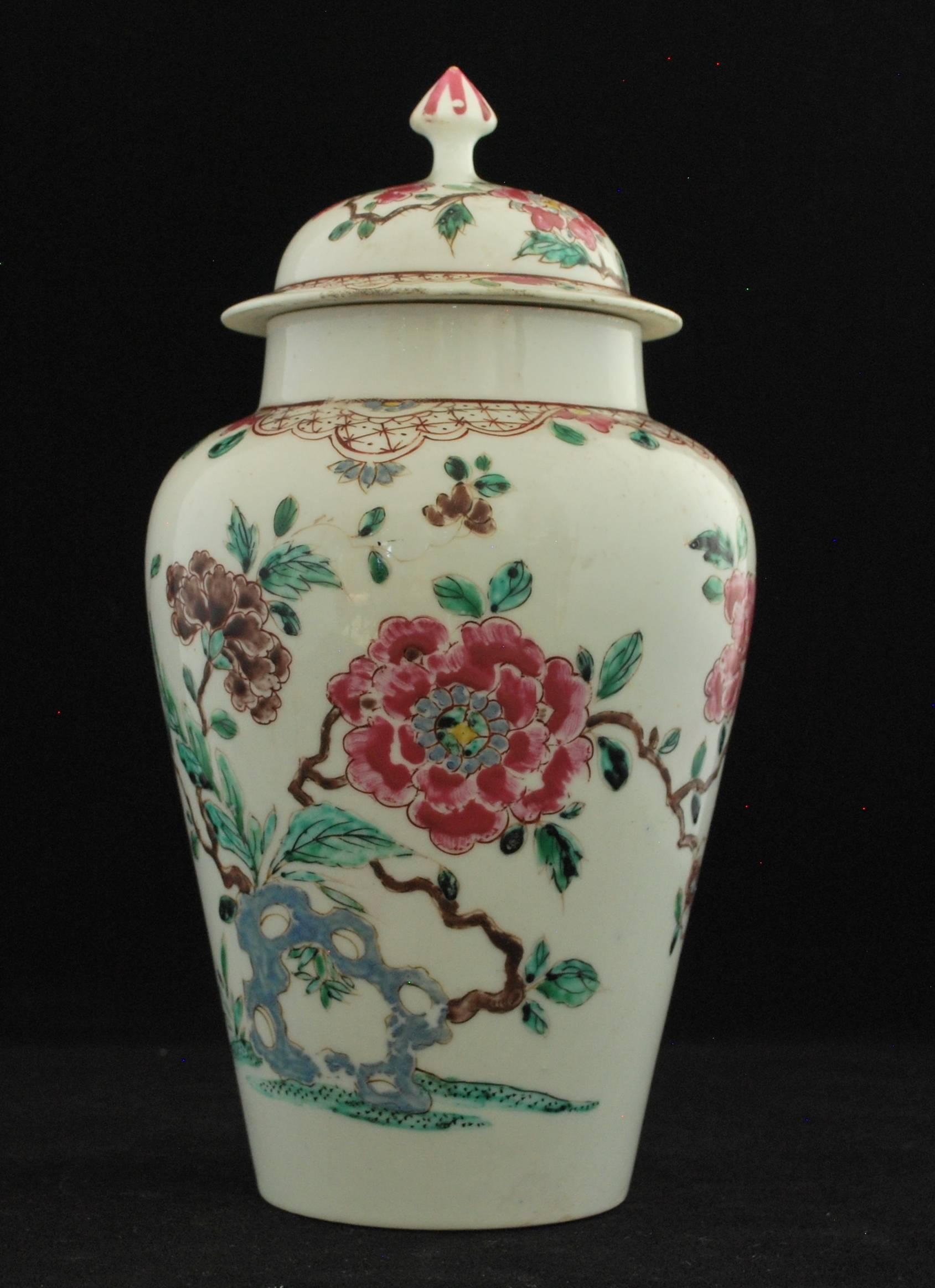 A vase and cover, decorated with peonies &c in the Famille Rose style. Incised R mark group.

Prov Taylor Collection; Simon Spero; Joseph Handley.
 