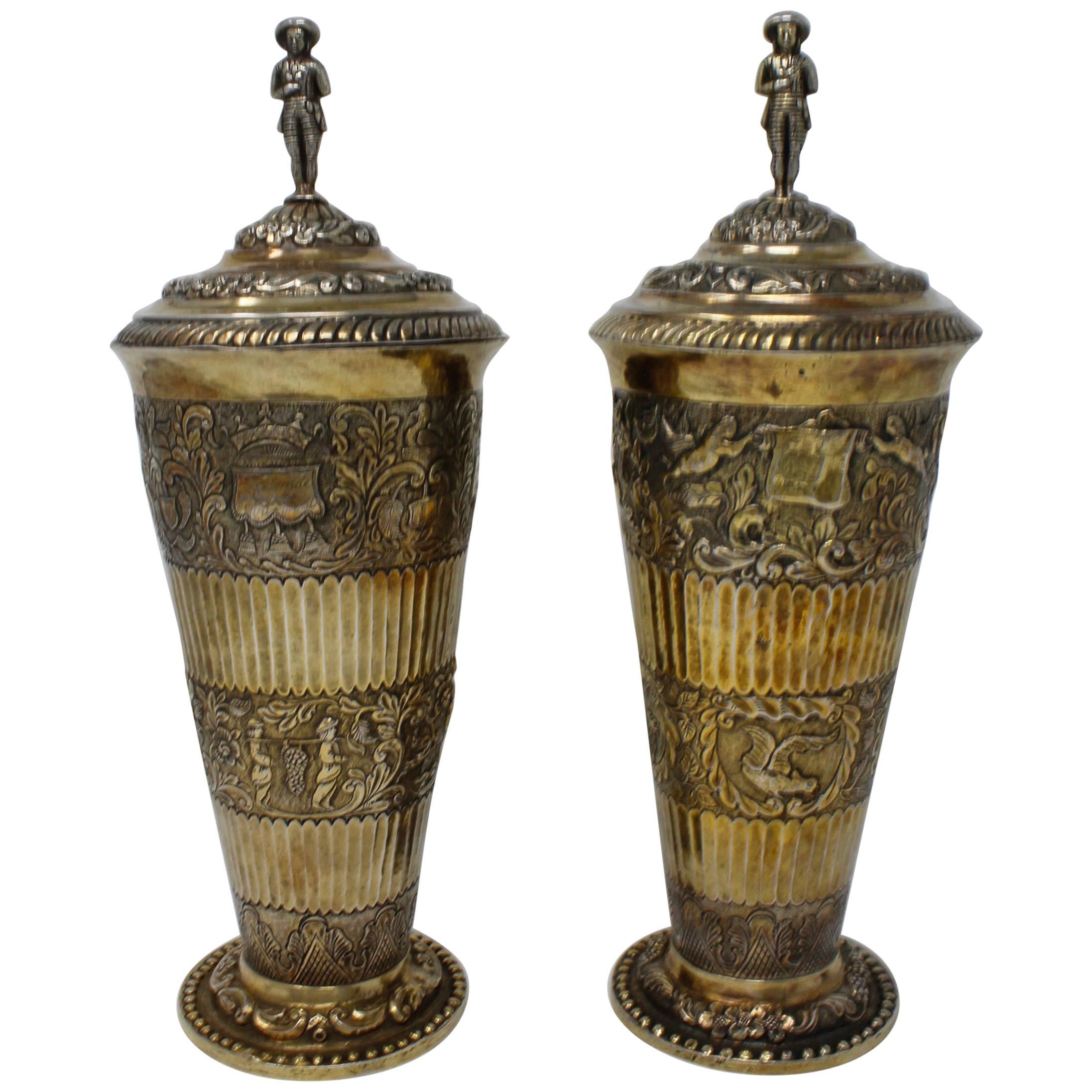 Covered Vases with Removable Lids, Gilt Silver, German in 17th Century Style For Sale