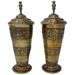 Antique Covered Vases with Removable Lids, Gilt Silver, German in 17th Century Style