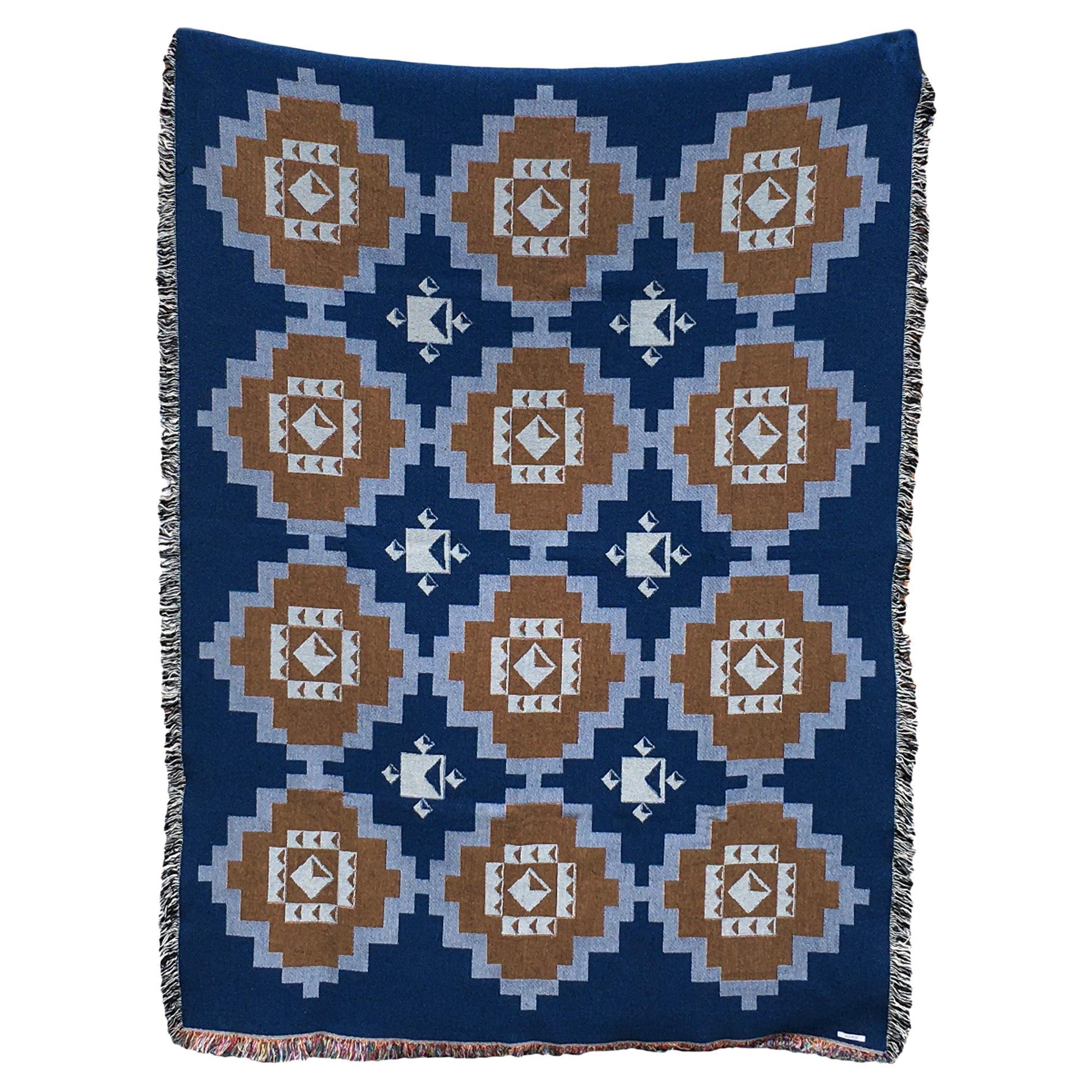 Woven Throw Blanket in Navy Blue Coverlet Geometric Pattern 