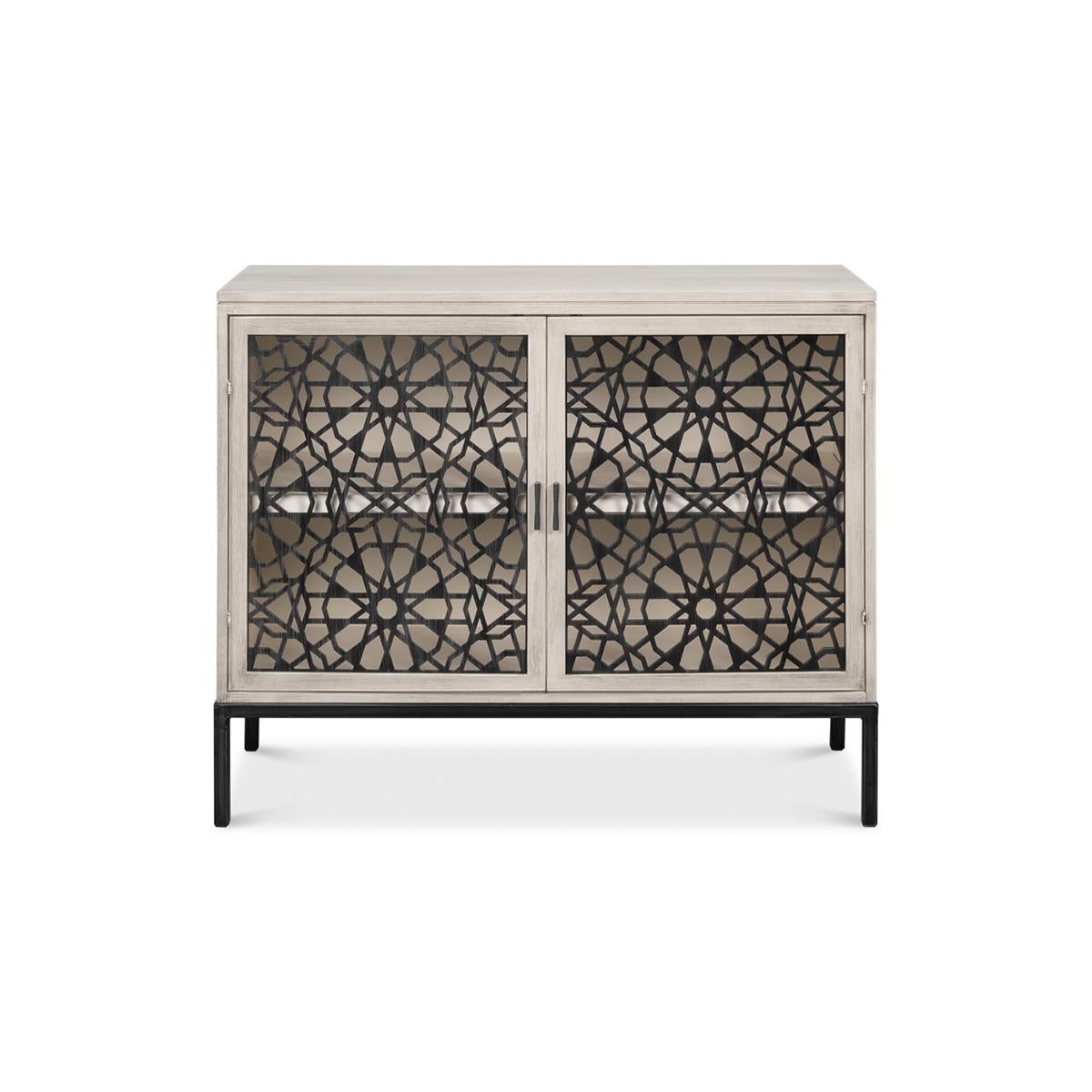 Crafted from the finest materials and hand-finished in a manner that lets the natural beauty of the wood shine through.

Geometric openwork design doors and metal elements accent traditional shapes making them both current and classic.

Dimensions: