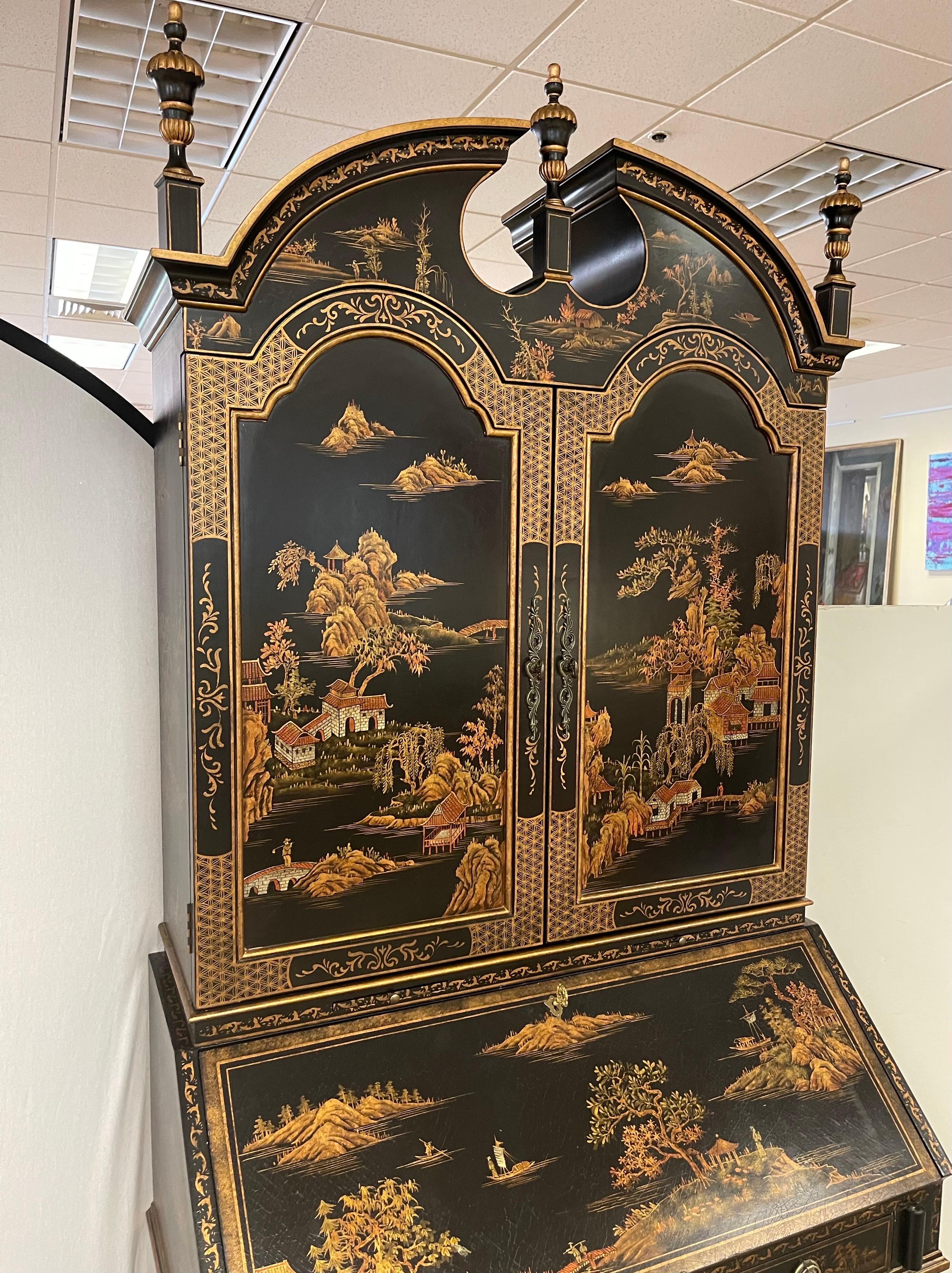Chinoiserie Black and Gold Hand Painted Secretary Desk 4