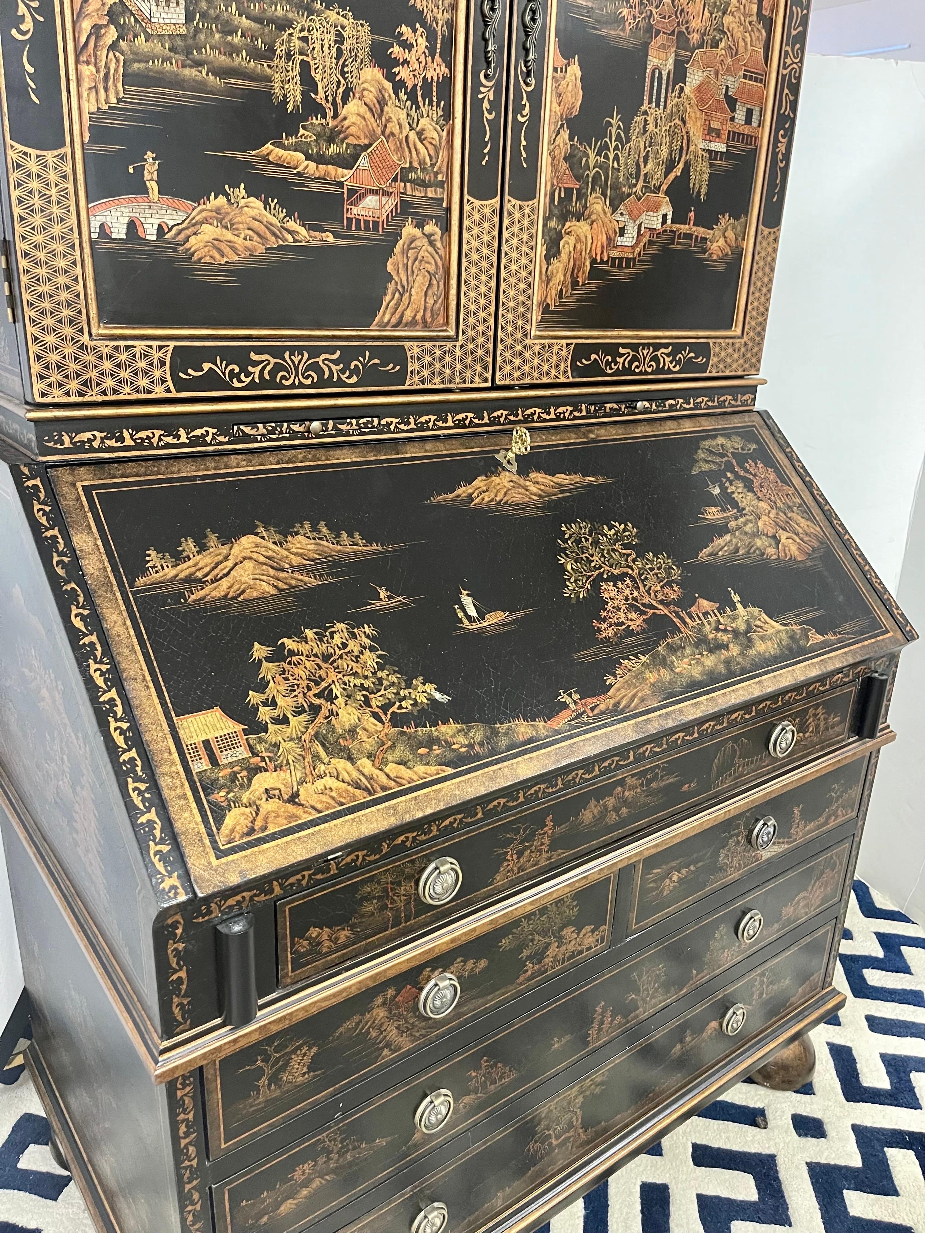 Chinoiserie Black and Gold Hand Painted Secretary Desk 5