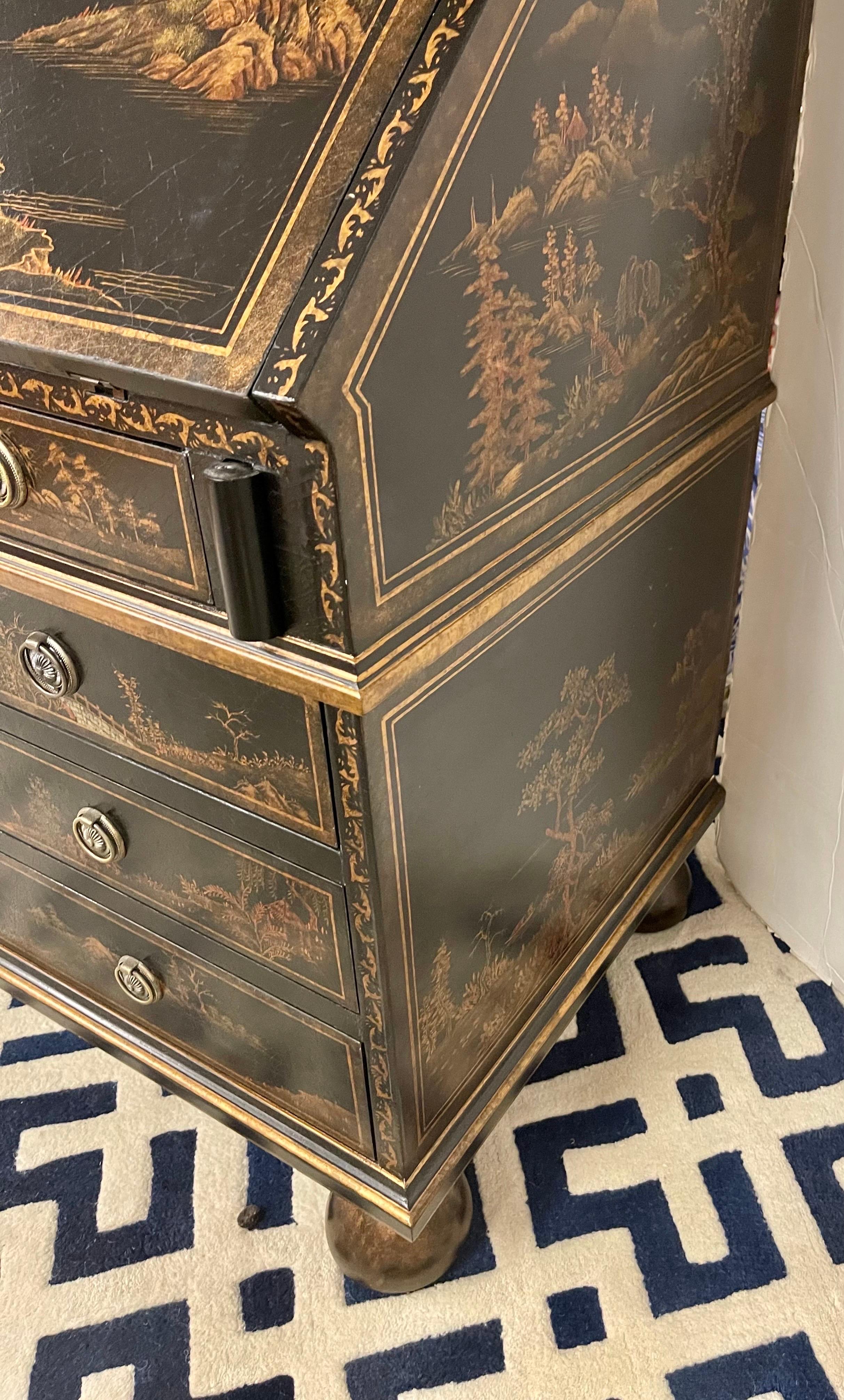 Chinoiserie Black and Gold Hand Painted Secretary Desk 6