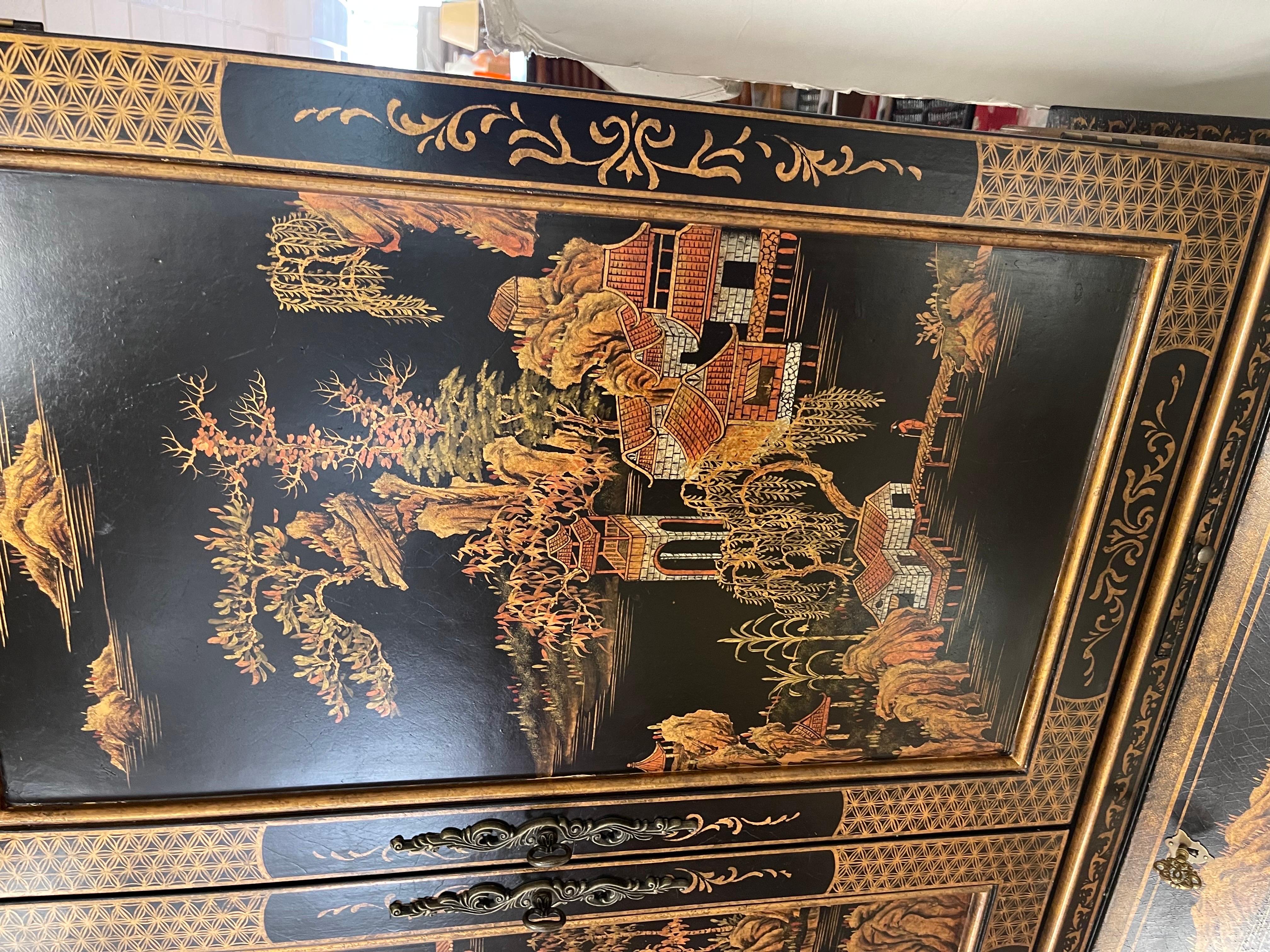 Chinoiserie Black and Gold Hand Painted Secretary Desk 8