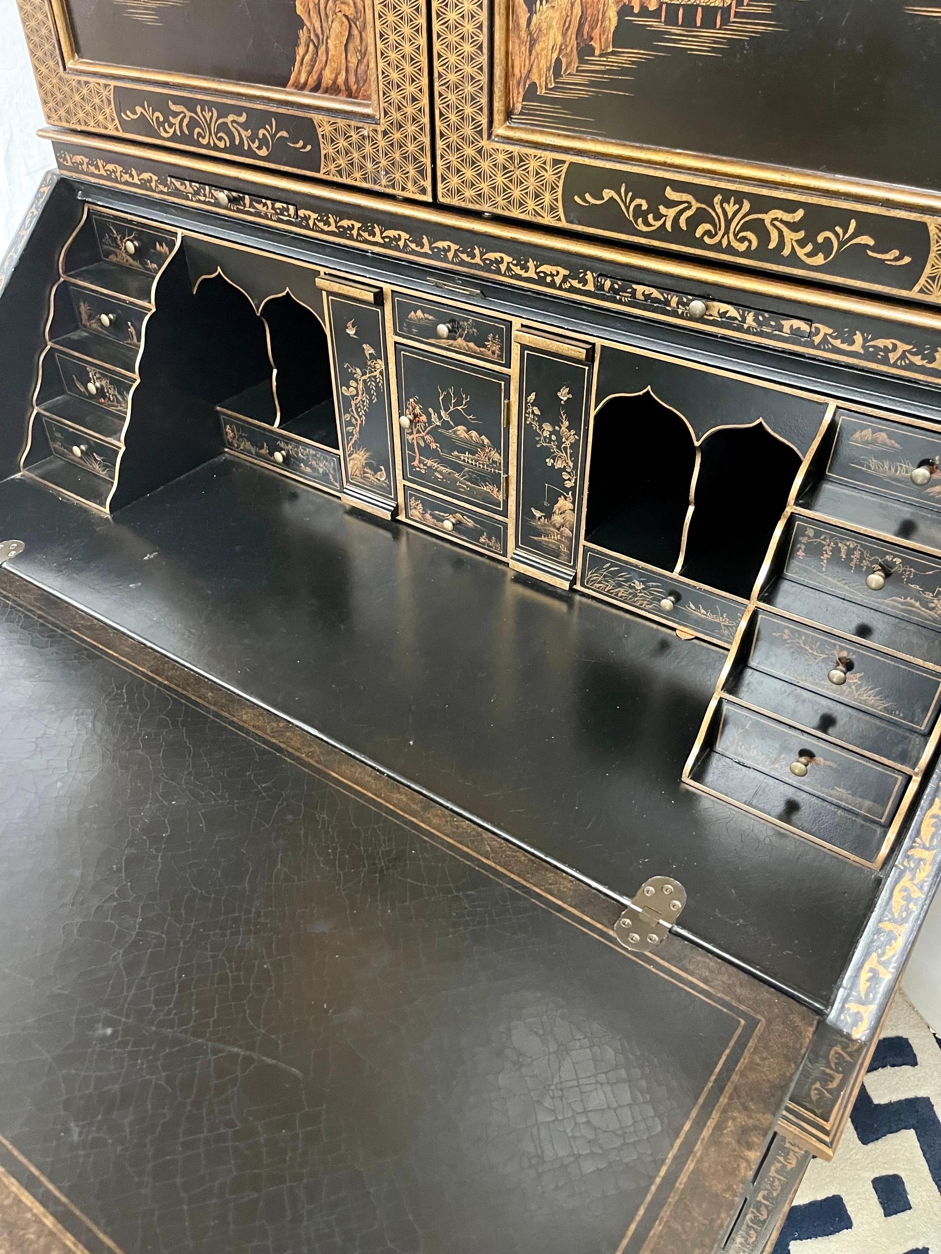 Chinoiserie Black and Gold Hand Painted Secretary Desk 11