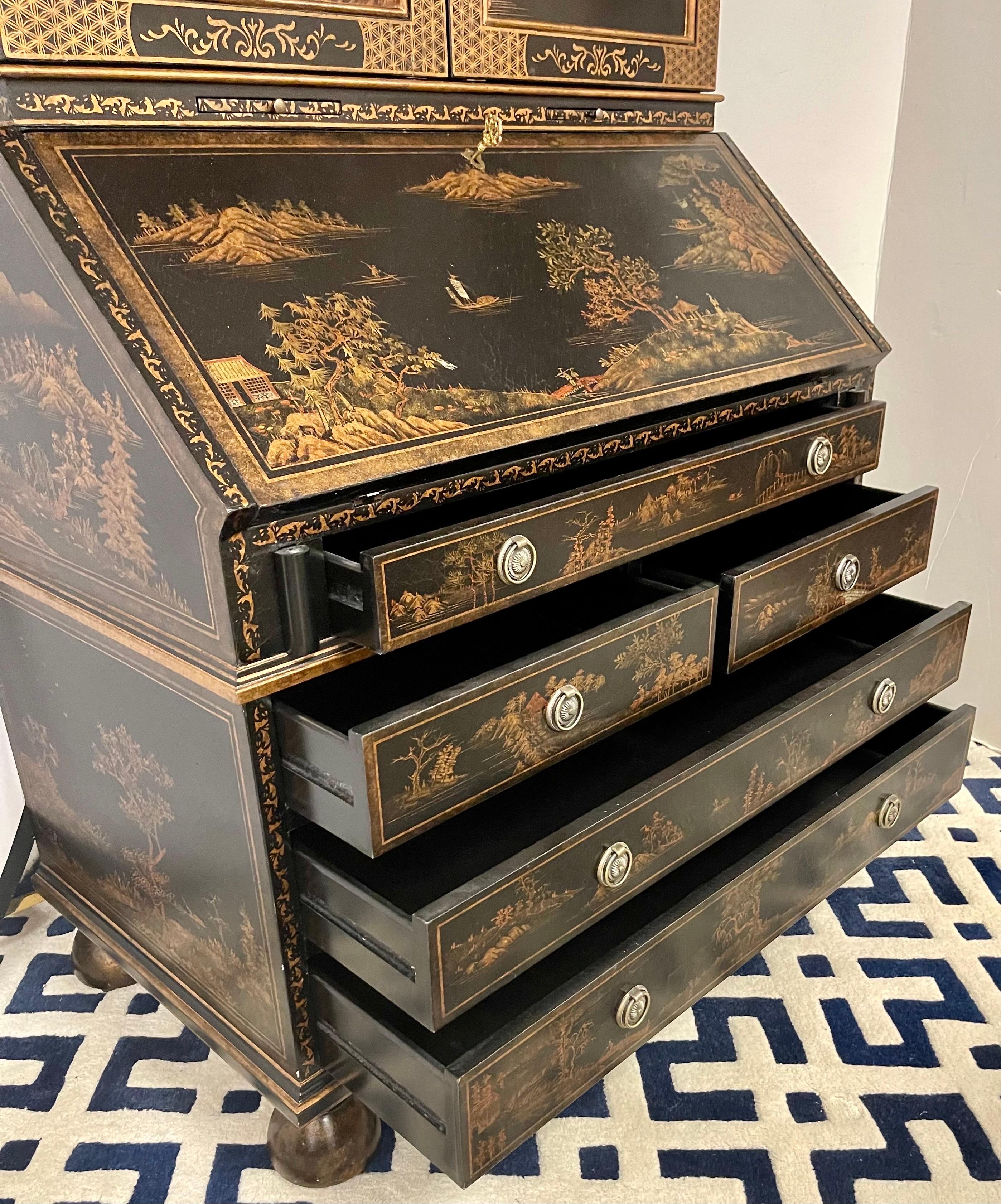 Chinoiserie Black and Gold Hand Painted Secretary Desk 12