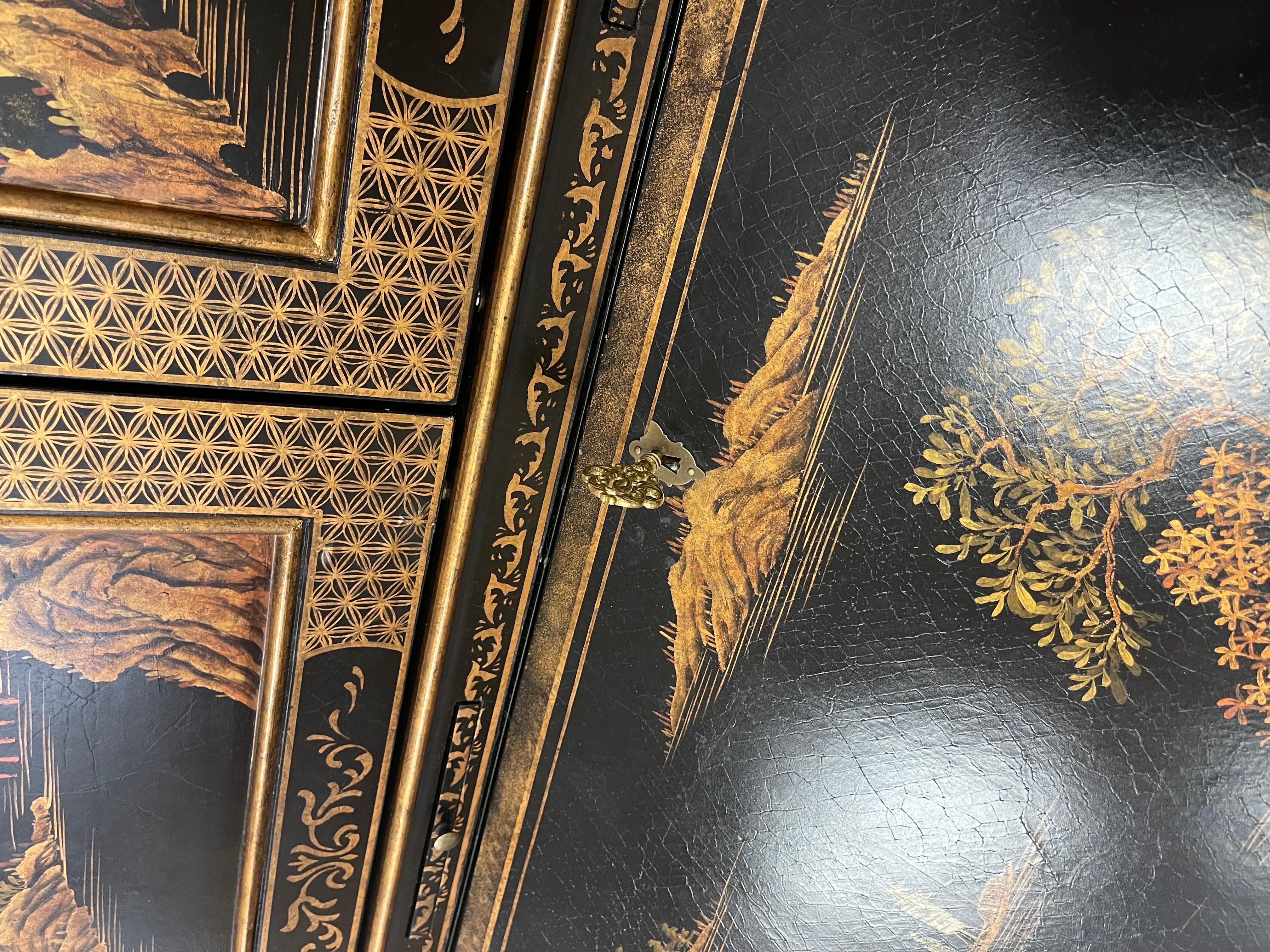 Chinoiserie Black and Gold Hand Painted Secretary Desk 14