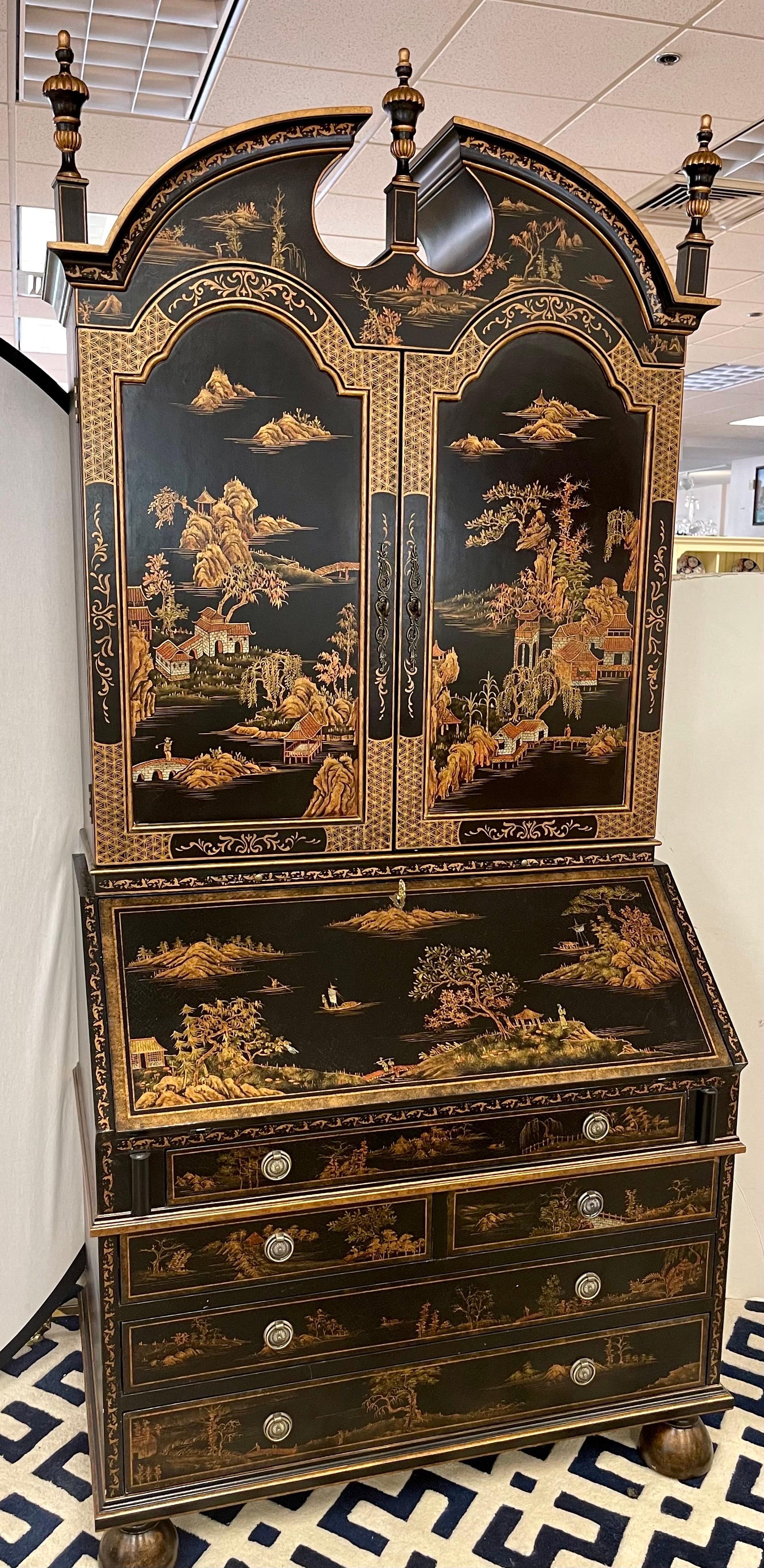 20th Century Chinoiserie Black and Gold Hand Painted Secretary Desk