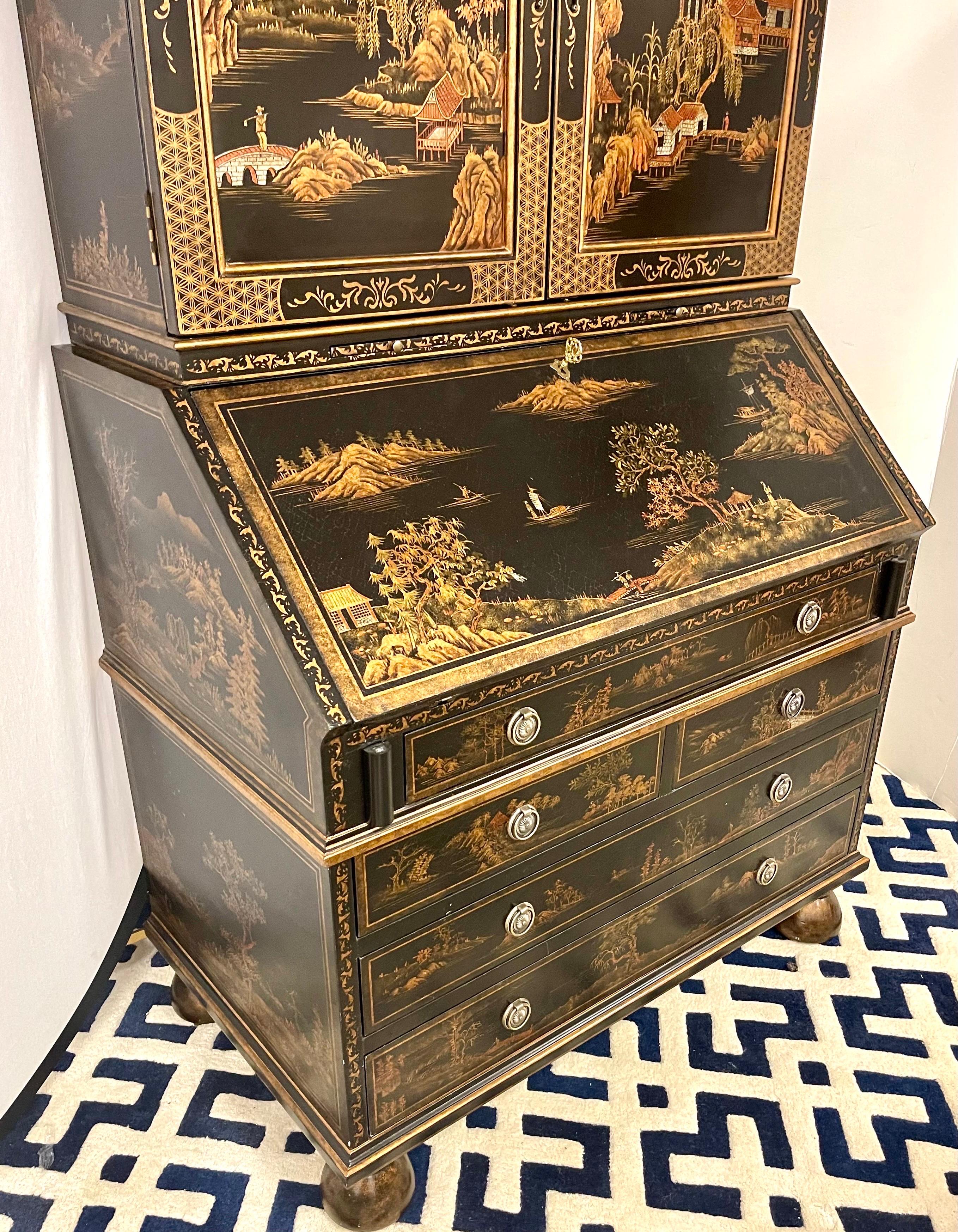 Wood Chinoiserie Black and Gold Hand Painted Secretary Desk