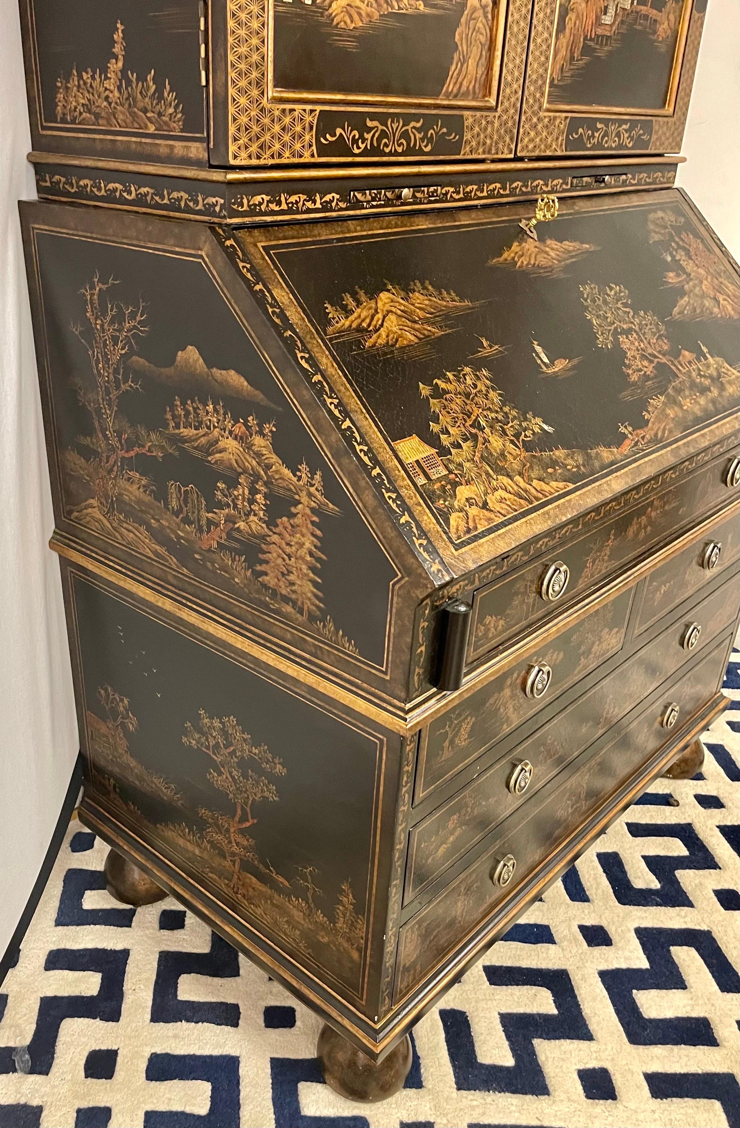 Chinoiserie Black and Gold Hand Painted Secretary Desk 1