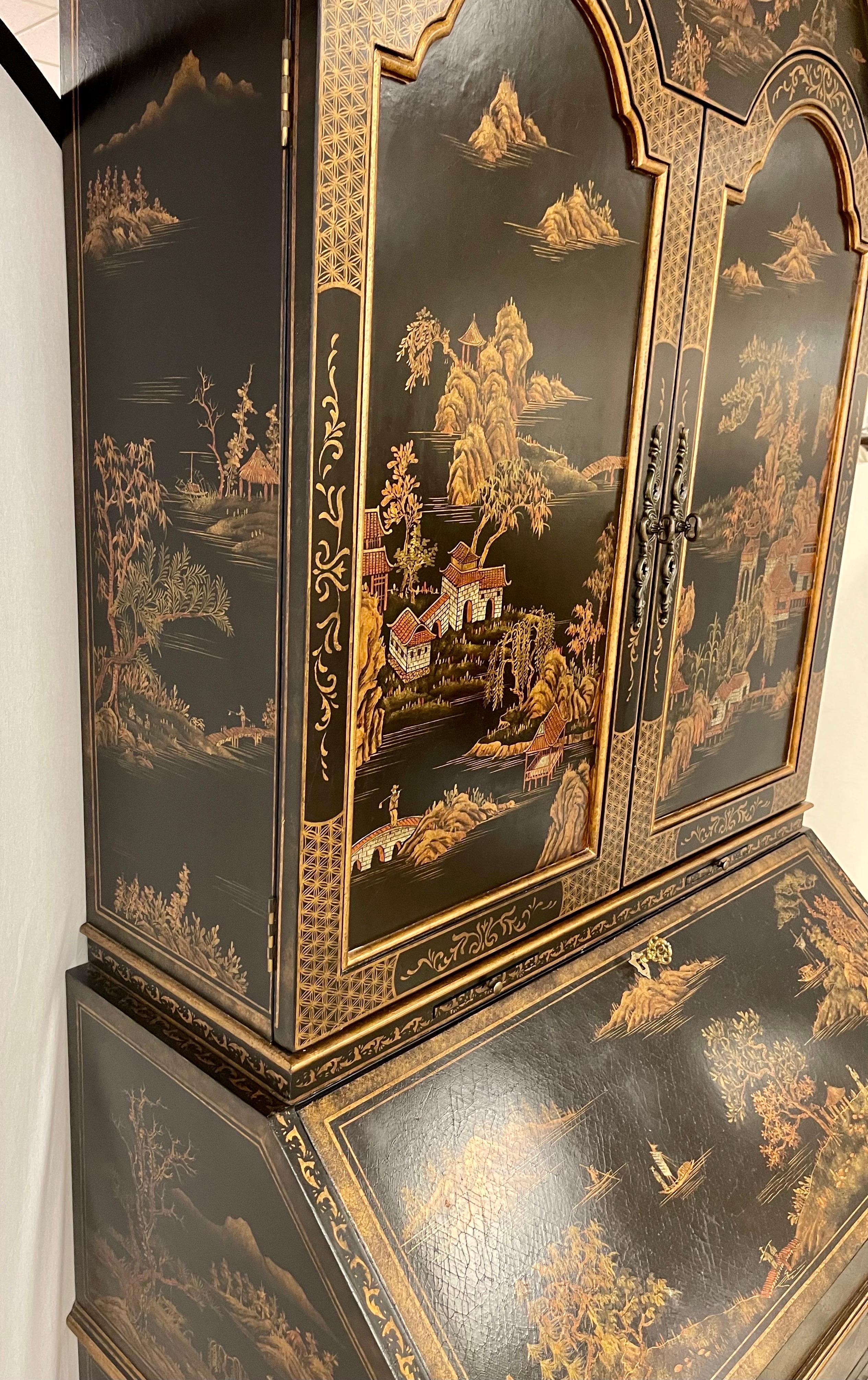 Chinoiserie Black and Gold Hand Painted Secretary Desk 2