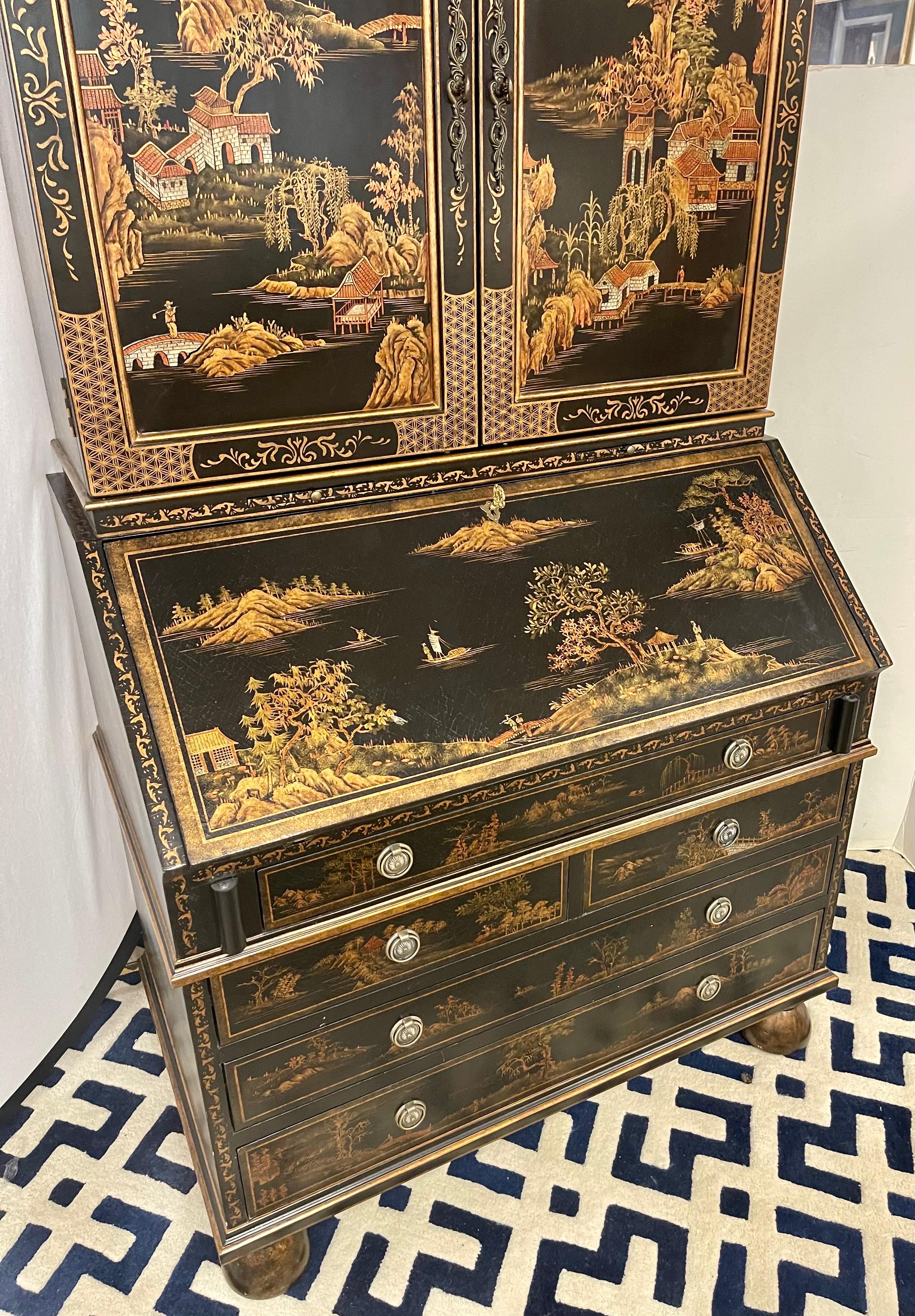 Chinoiserie Black and Gold Hand Painted Secretary Desk 3