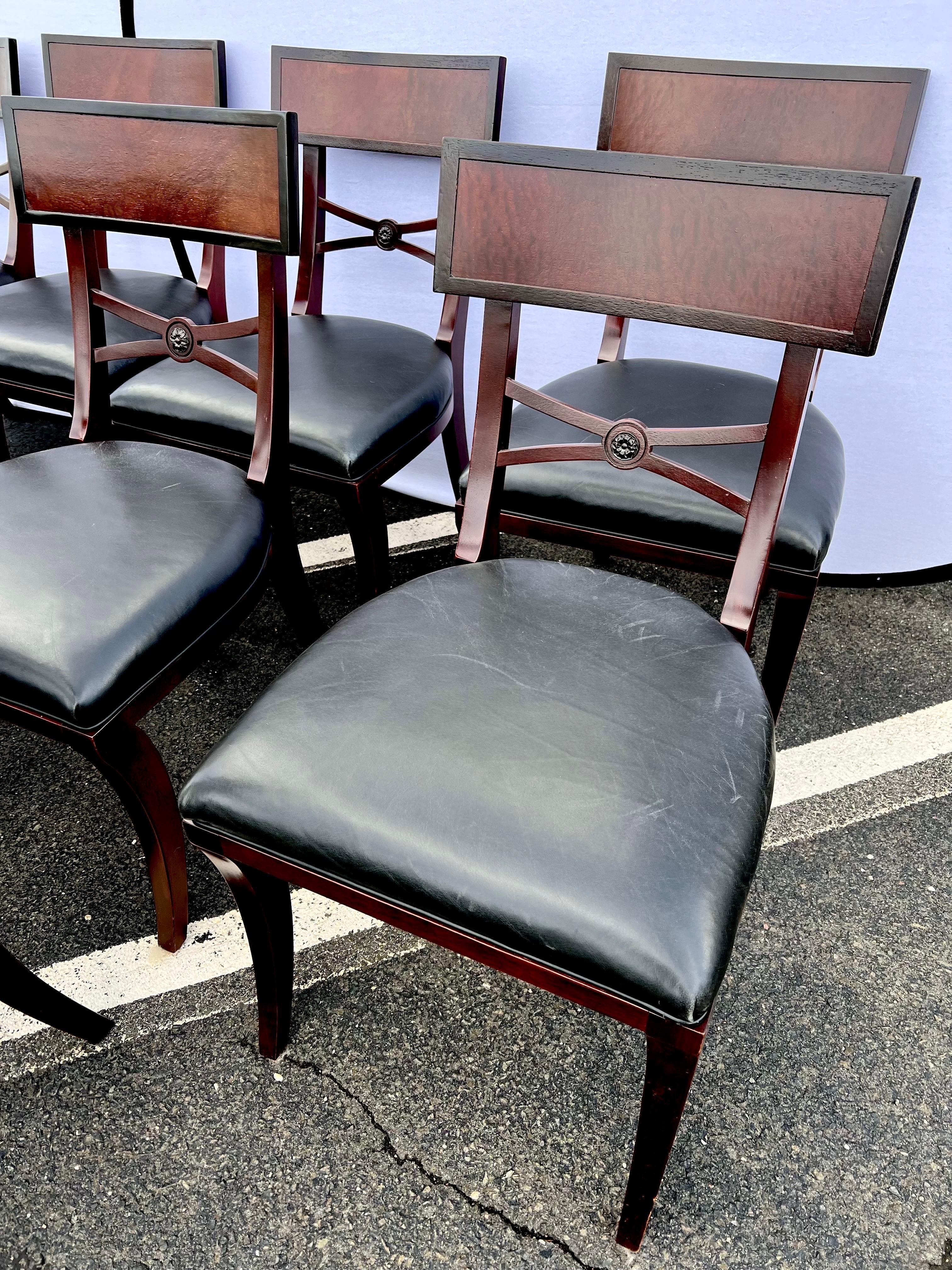 American Coveted Set of Ten Klismos Dining Chairs in Black Leather by Baker Furniture