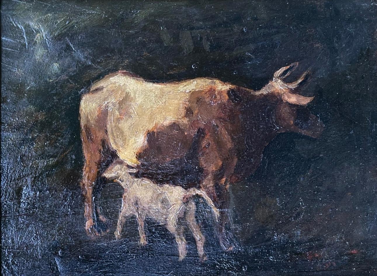 Cow and Calf, oil painting, 19th century. Lovely oil rendering on board of a cow and newborn calf in a verdant landscape, in a restored gilt carved late 18th century Louis XVI frame with beading and egg and dart detail. Italy, mid-19th century 