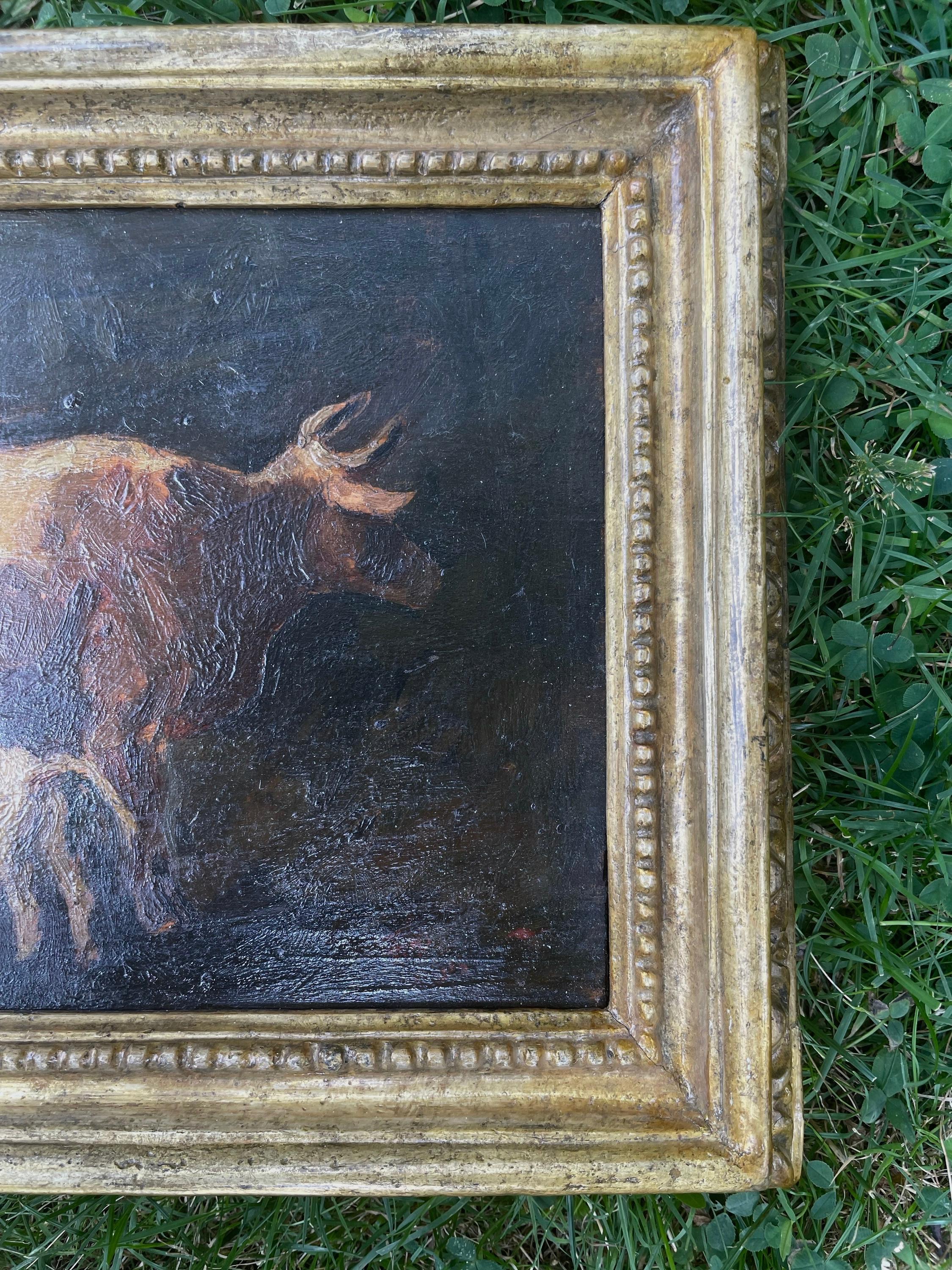 Hand-Carved Cow and Calf, Oil Painting, 19th Century  For Sale