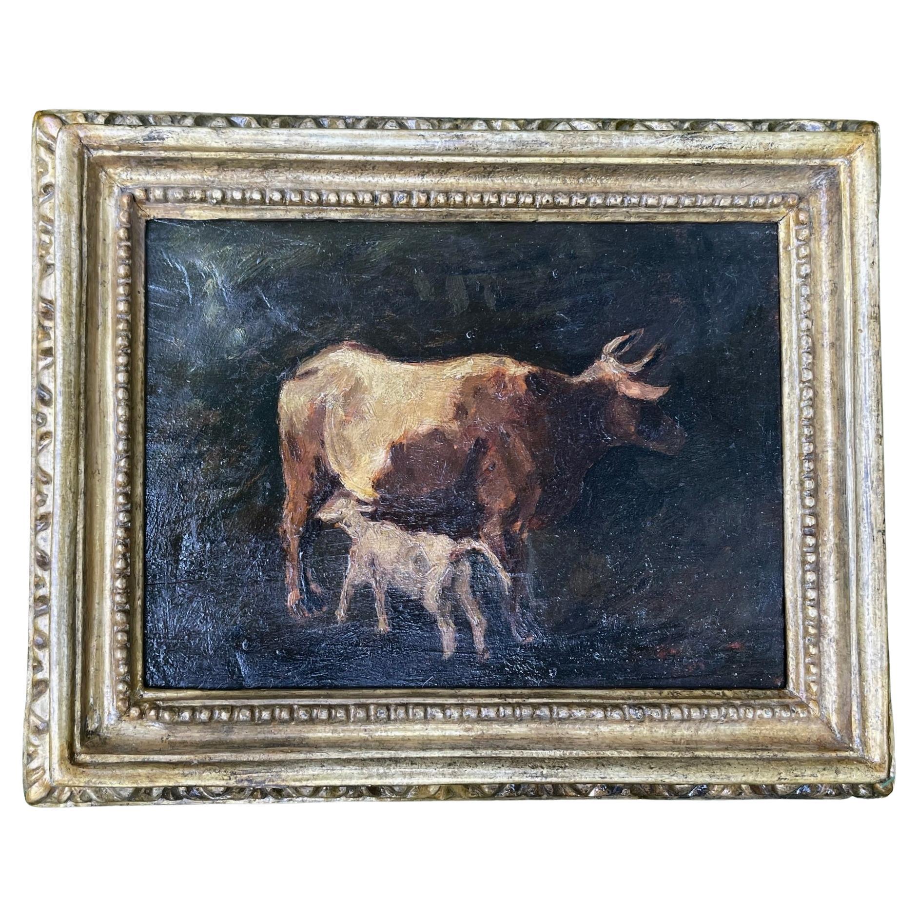 Cow and Calf, Oil Painting, 19th Century  For Sale