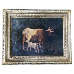 Antique Cow and Calf, Oil Painting, 19th Century 