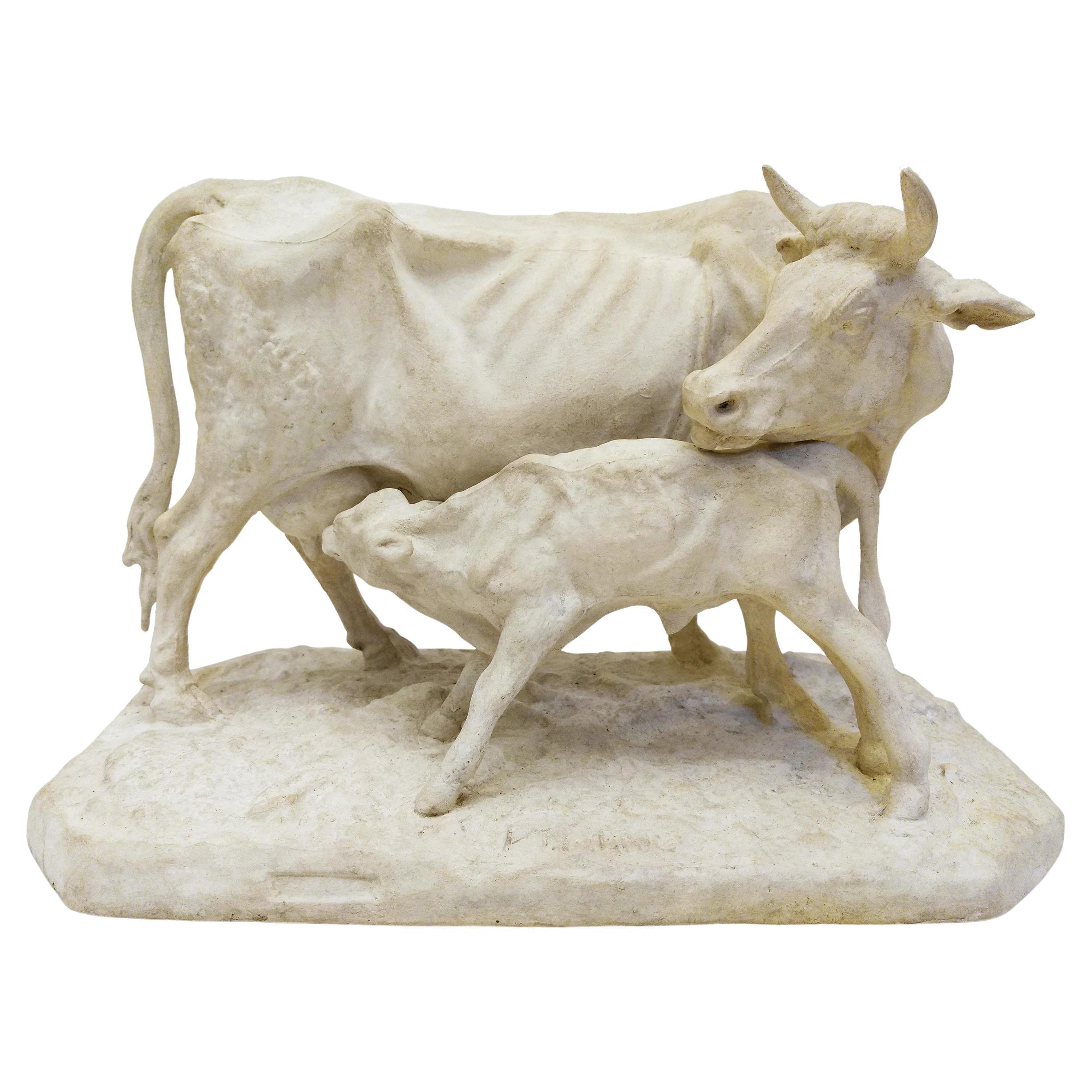 Cow and calf, studio plaster, by Pierre-Jules Mêne, France, circa 1850