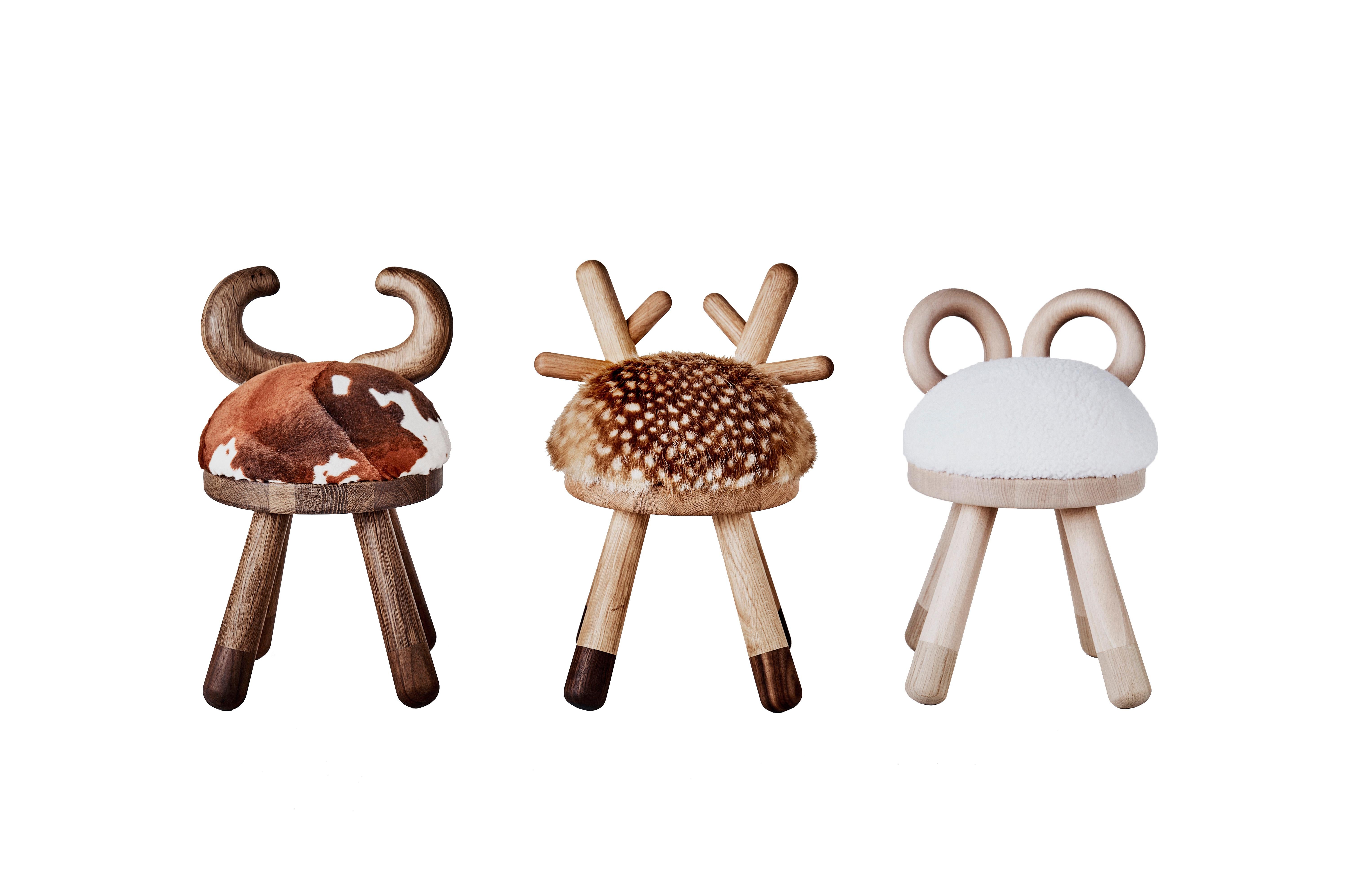 Dutch Cow Chair by Takeshi Sawada for EO in Oak & Walnut, Faux Cow Skin For Sale