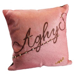 Cow Leather Blush Pink Cushion, Aghys Hand-Painted, Made in Italy