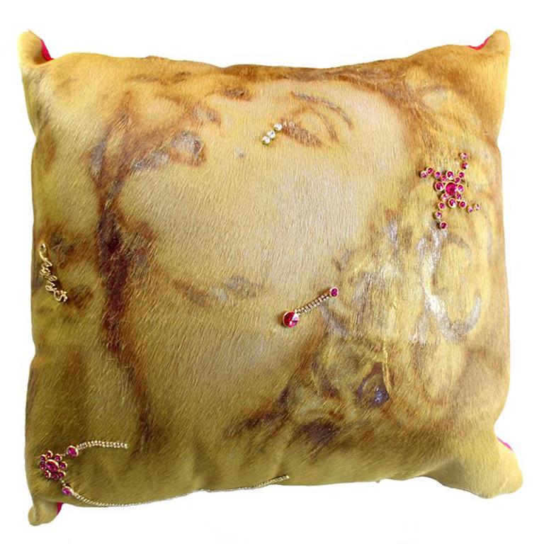 Cow Leather Cushion Silk Fabric, Marilyn Monroe Figure, Swarovski, Made in Italy