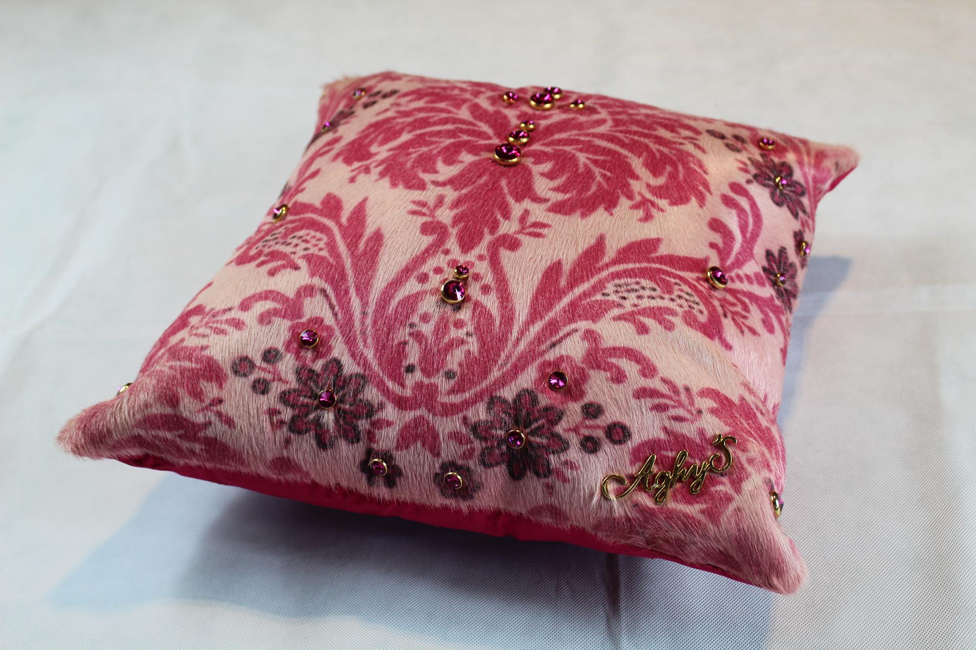Modern Cow Leather Pink Cushion, Hand-Painted Damask, Original Swarovski, Made in Italy