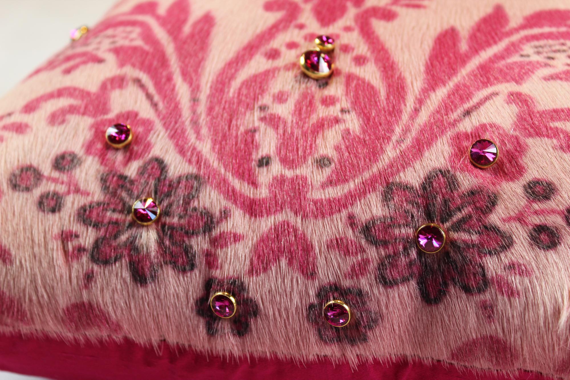 Italian Cow Leather Pink Cushion, Hand-Painted Damask, Original Swarovski, Made in Italy