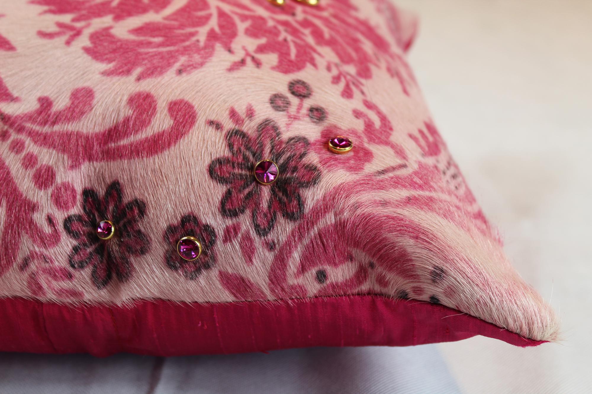 Cow Leather Pink Cushion, Hand-Painted Damask, Original Swarovski, Made in Italy In New Condition In Verona, IT