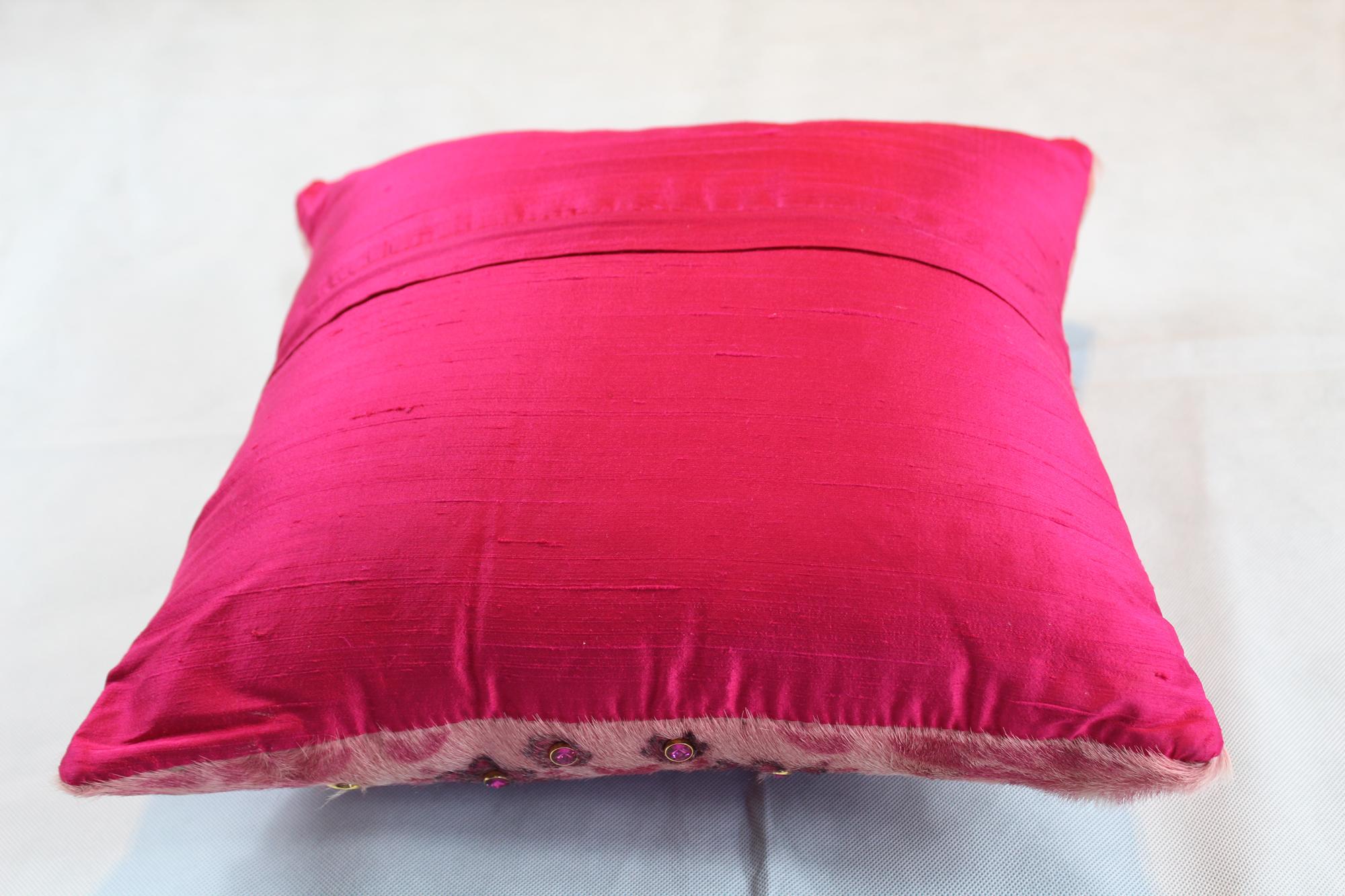 Cow Leather Pink Cushion, Hand-Painted Damask, Original Swarovski, Made in Italy 1