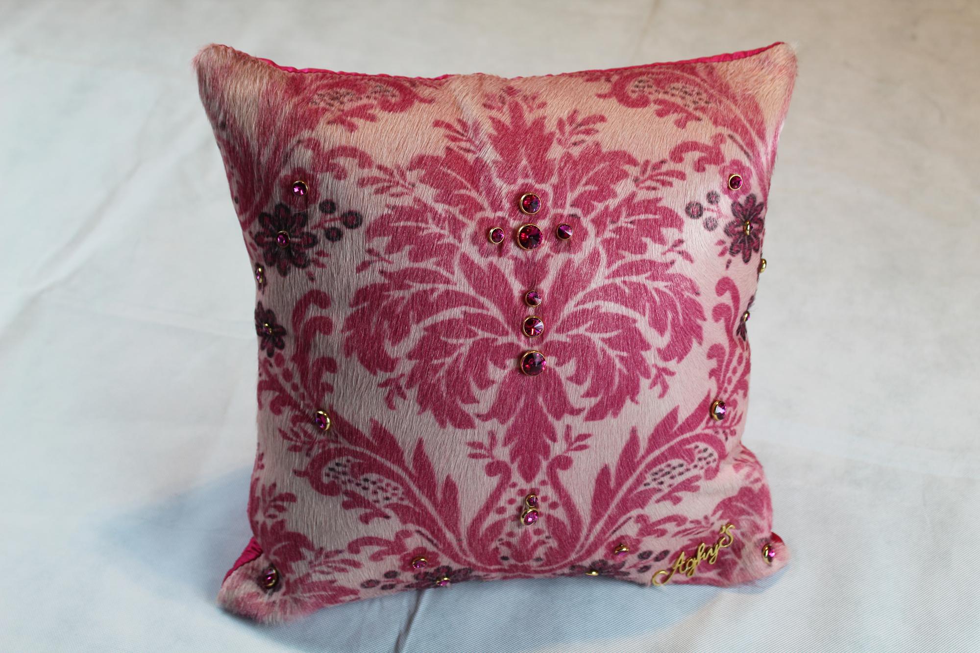 Cow Leather Pink Cushion, Hand-Painted Damask, Original Swarovski, Made in Italy 2