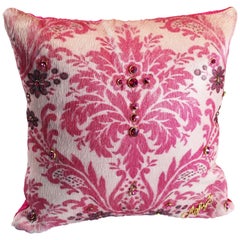 Cow Leather Pink Cushion, Hand-Painted Damask, Original Swarovski, Made in Italy