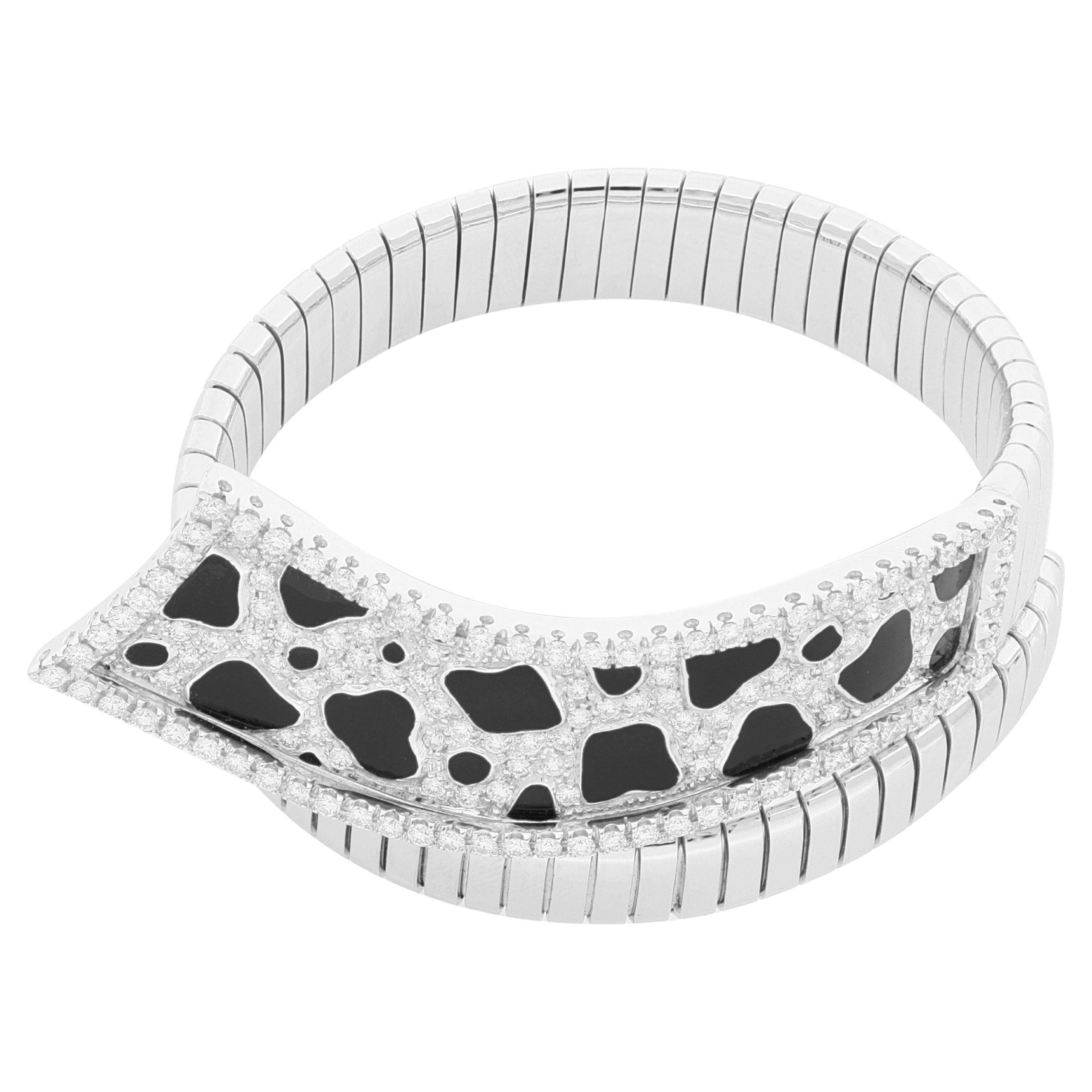 Cow Print 18 Kt White Gold Enameled Bracelet with Diamonds For Sale