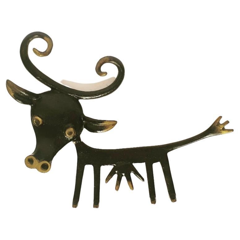 Cow Sculpture Brass Key Hanger Design by Walter Bosse, Hertha Balle Austria 50s For Sale