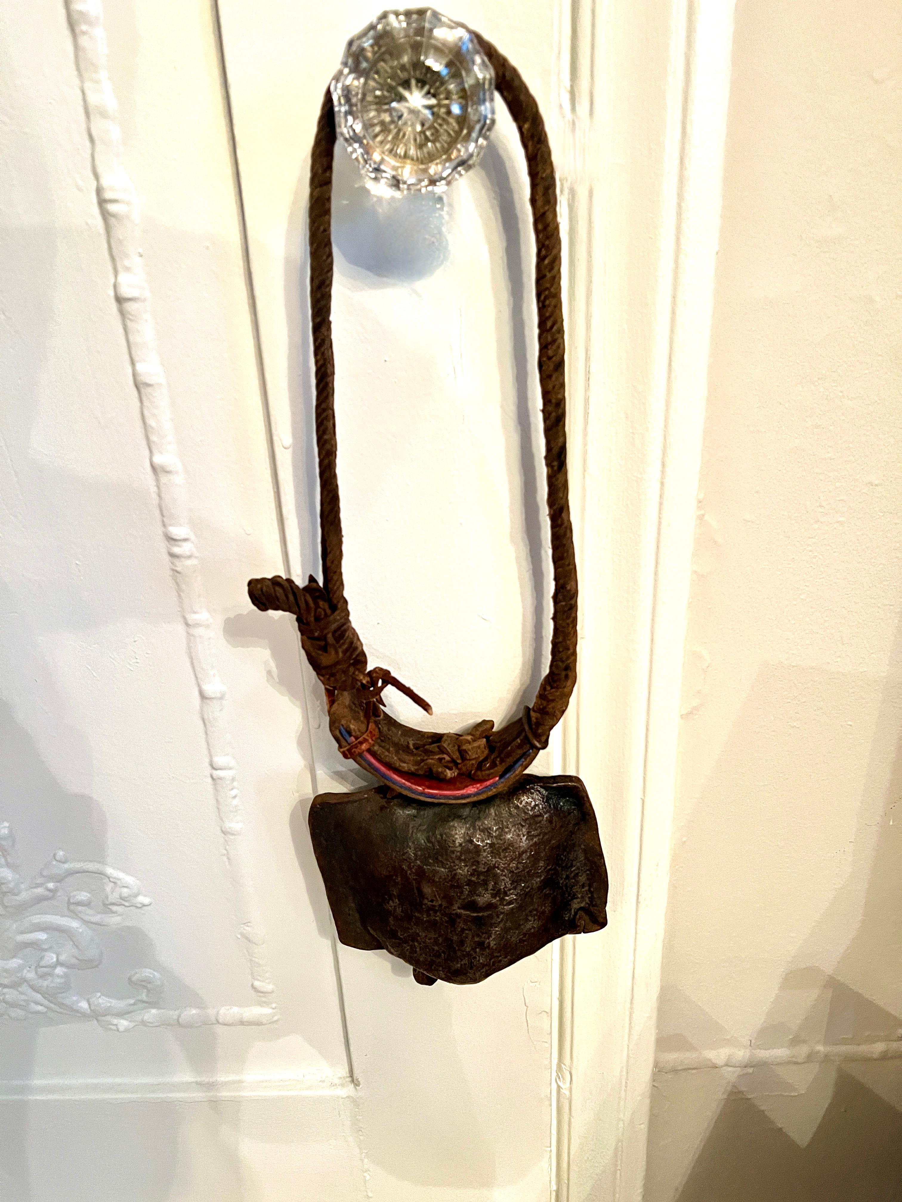 Cowbell with Hand Woven Braided Leather Collar For Sale 3