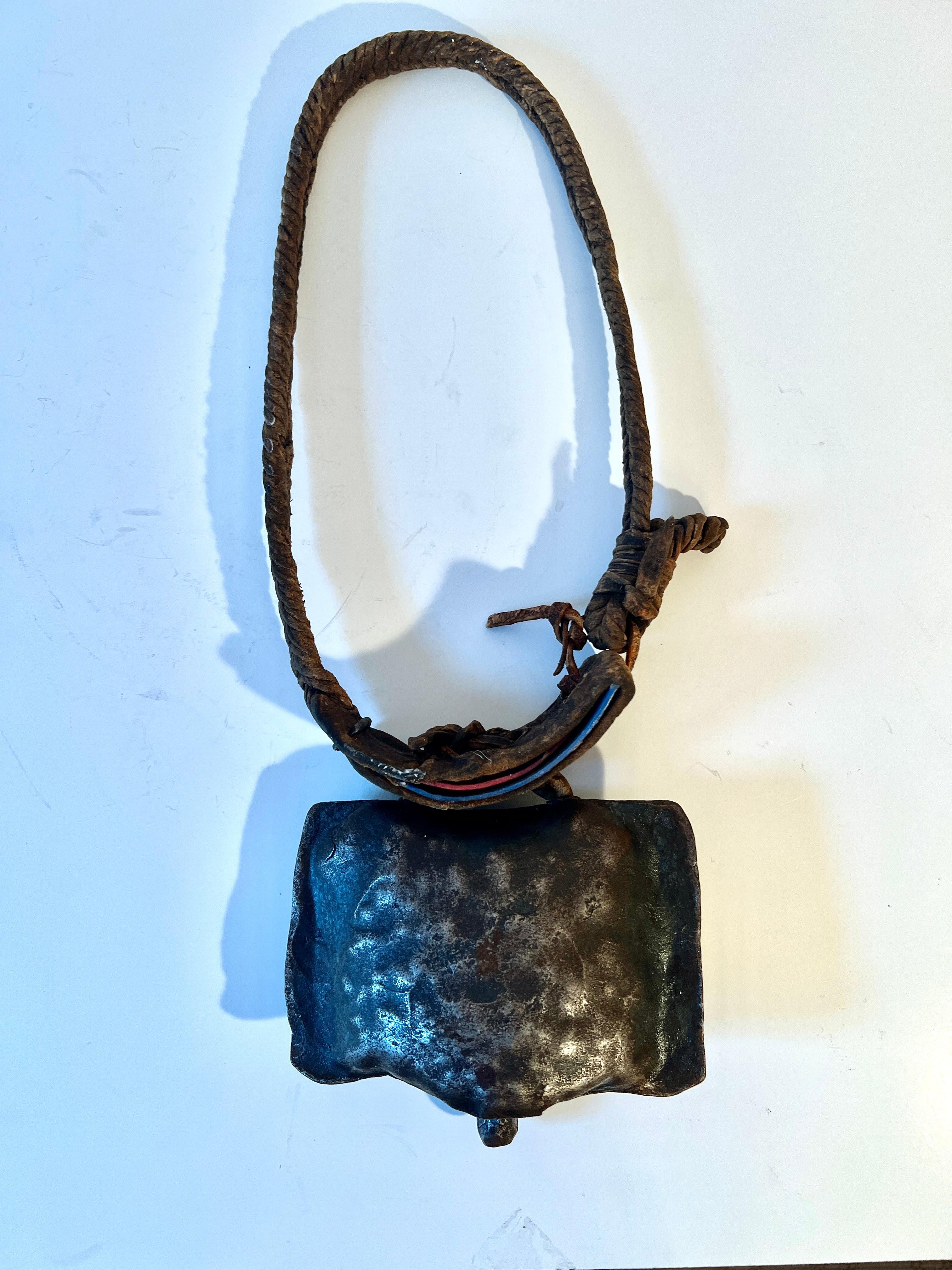 Rustic Cowbell with Hand Woven Braided Leather Collar For Sale