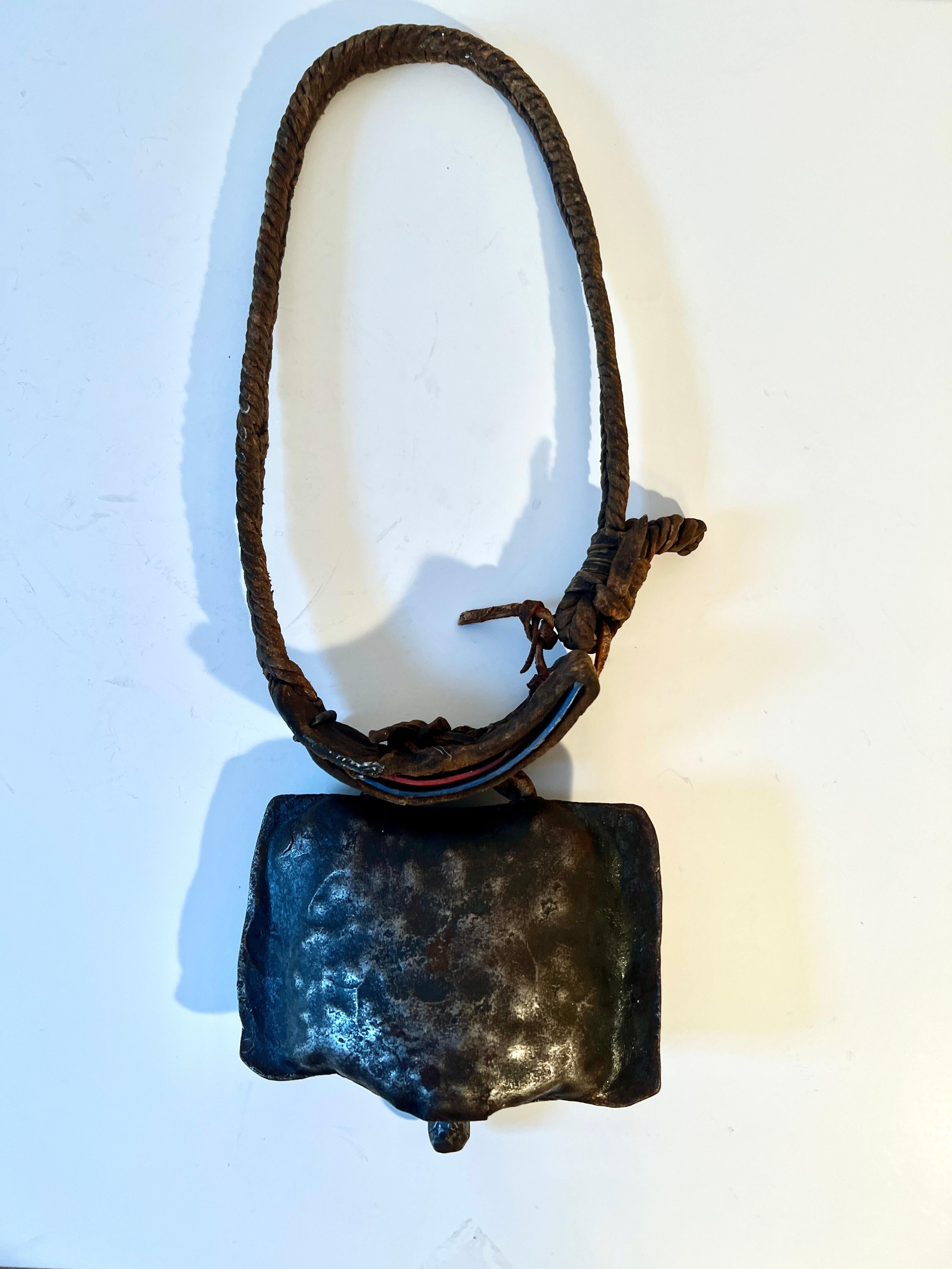 Cowbell with Hand Woven Braided Leather Collar For Sale 1