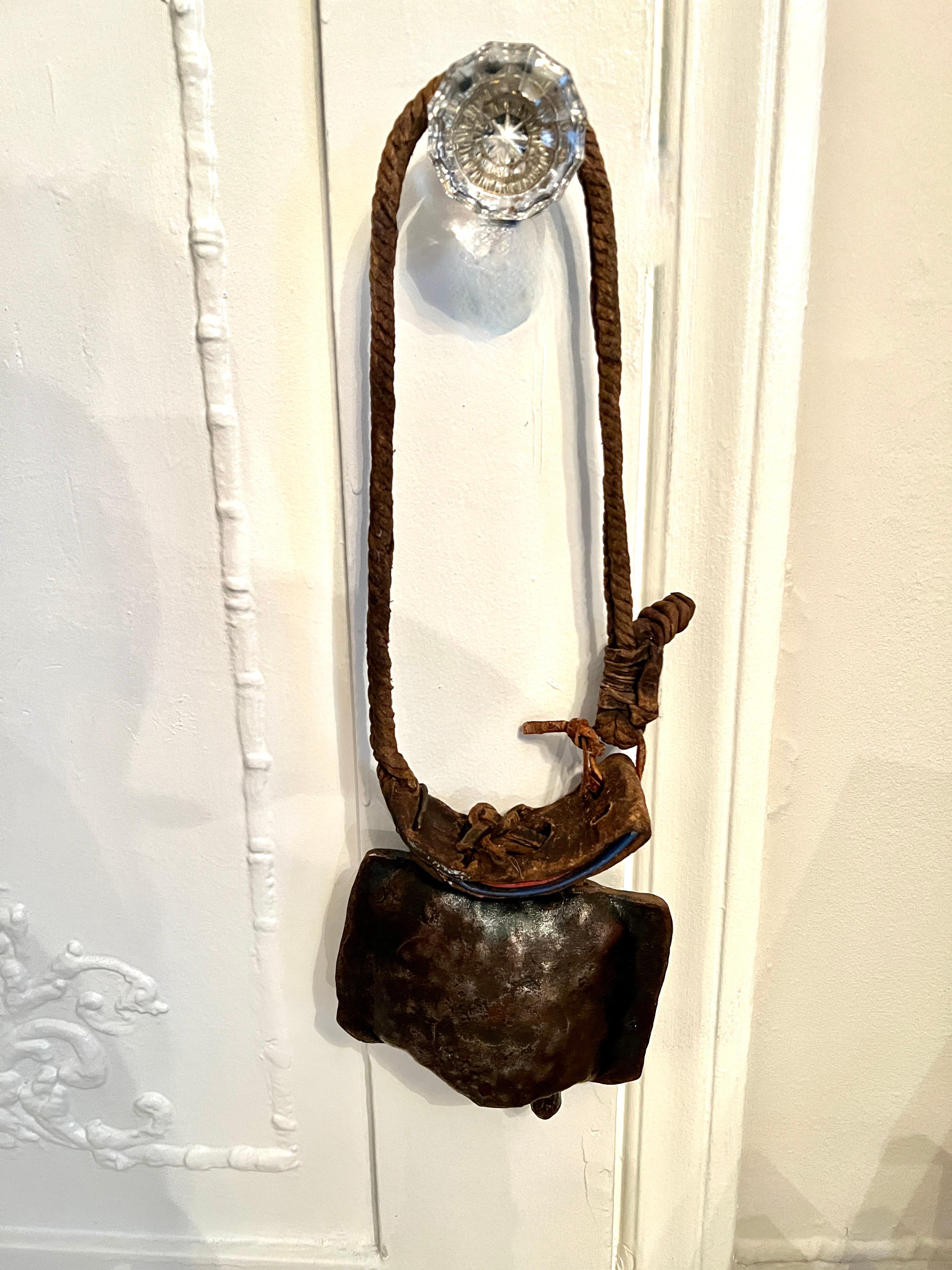 Cowbell with Hand Woven Braided Leather Collar For Sale 2