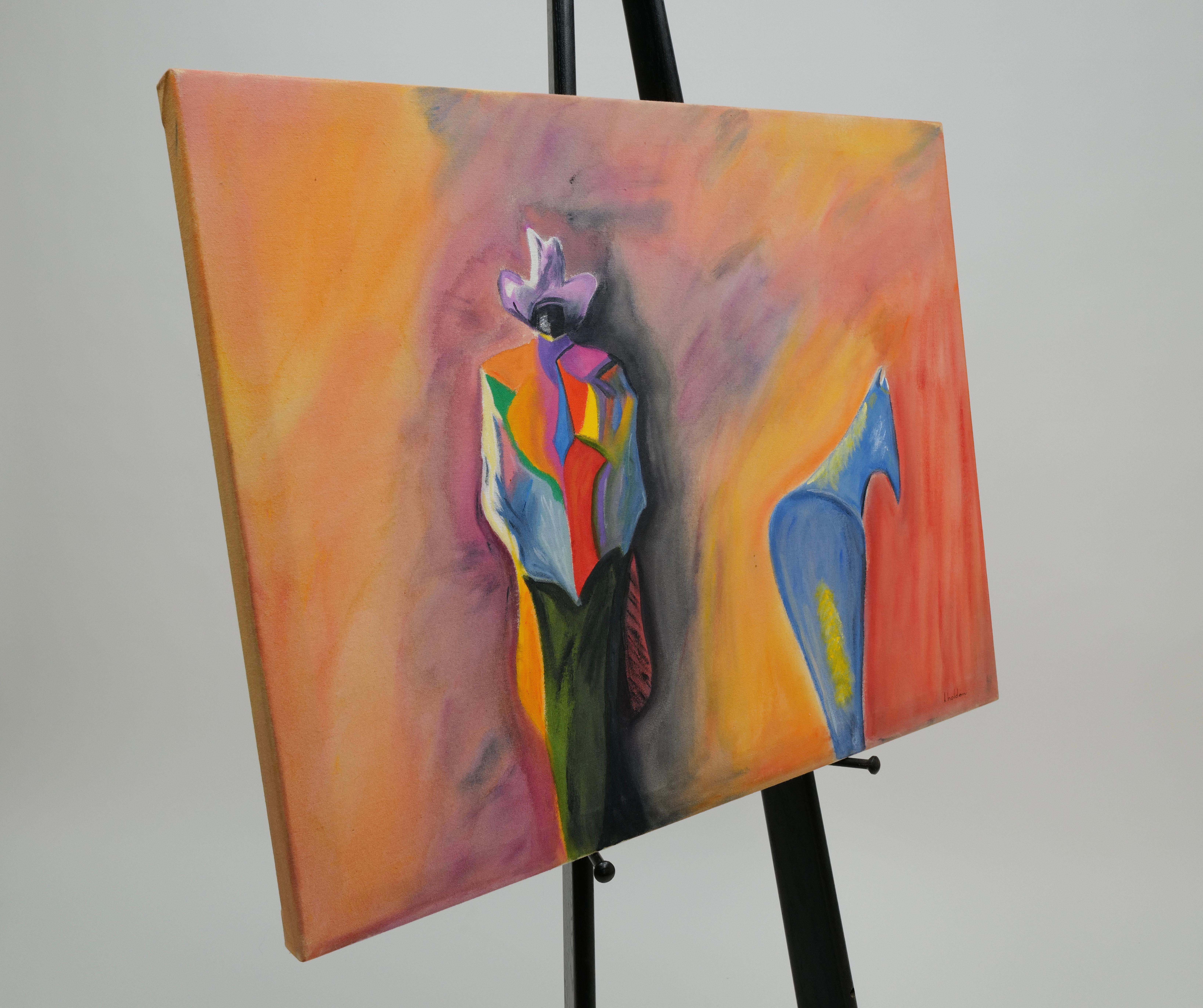 The abstract artwork signed by J. Holden is a captivating and vibrant piece, depicting a cowboy and his horse with a modern, imaginative twist. Rendered in bright, bold colors on a soft canvas, the painting captures the essence of the subject while