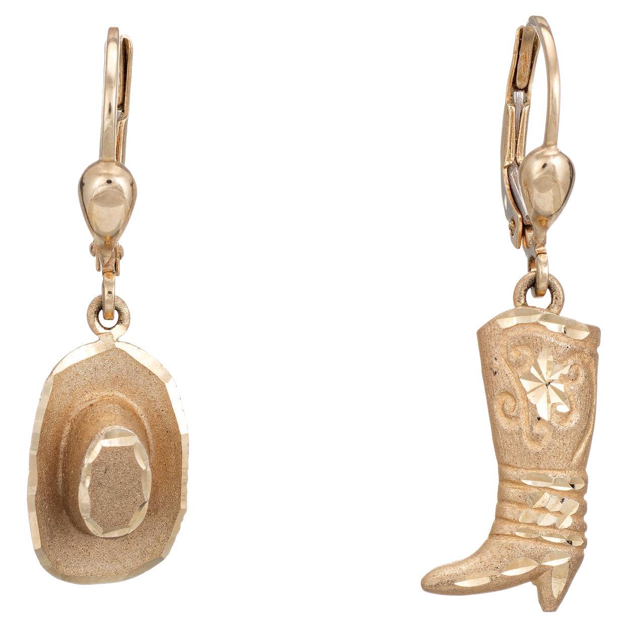 Cowboy Boot 
Hat Earrings Estate 14k Yellow Gold Drops Fine Western Jewelry