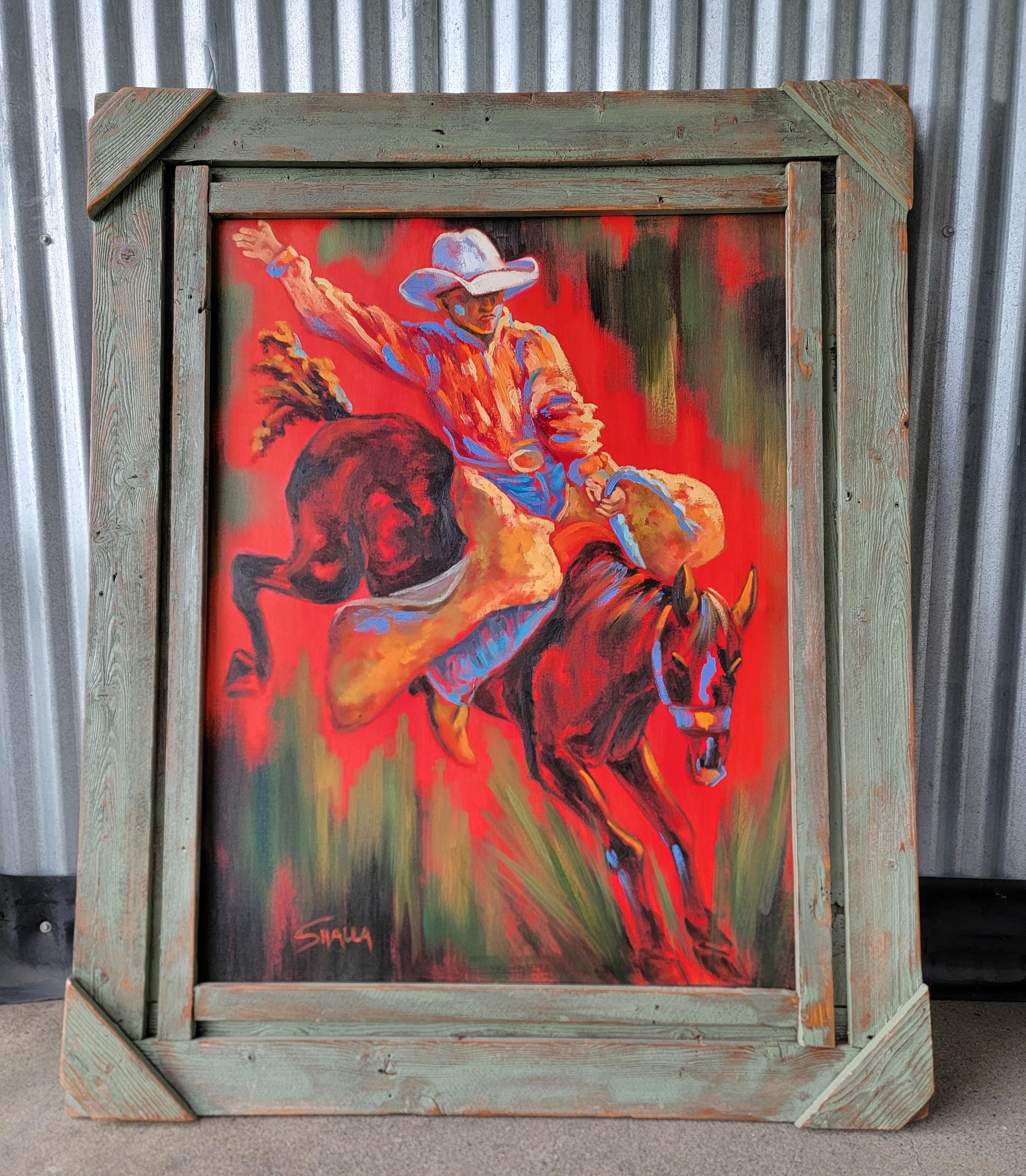 A pair of Old West themed Fauvist / Expressionist Style paintings on canvas with exceptional rustic wood frames. Large-scale paintings measure each 41 inches wide 51 inches tall. Western Cowboy on bronking horse. Vibrant color palette. Original