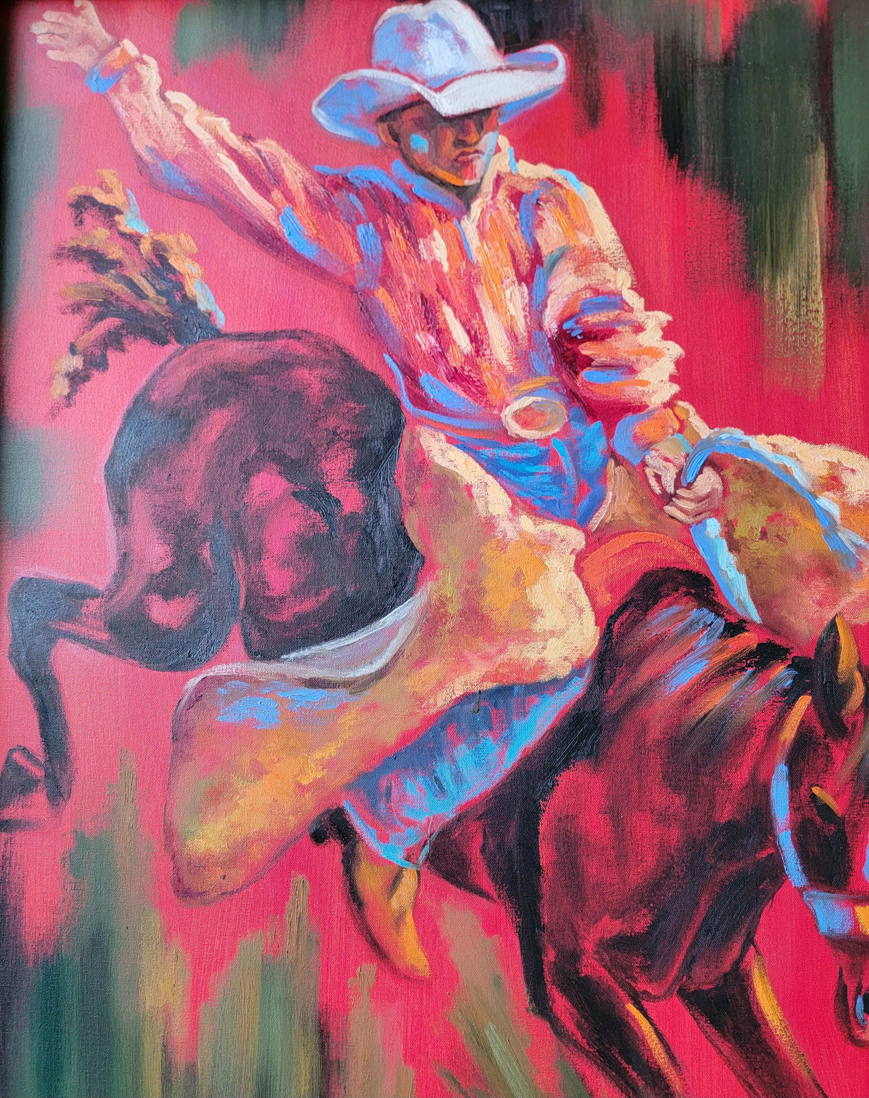 Cowboy Bronc Riding Horse Fauvism / Expressionist Style Large Scale Paintings In Good Condition For Sale In Fulton, CA