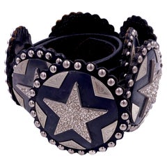 Cowboy Decor Black Leather Studded Belt with Silver Rhinestone Stars