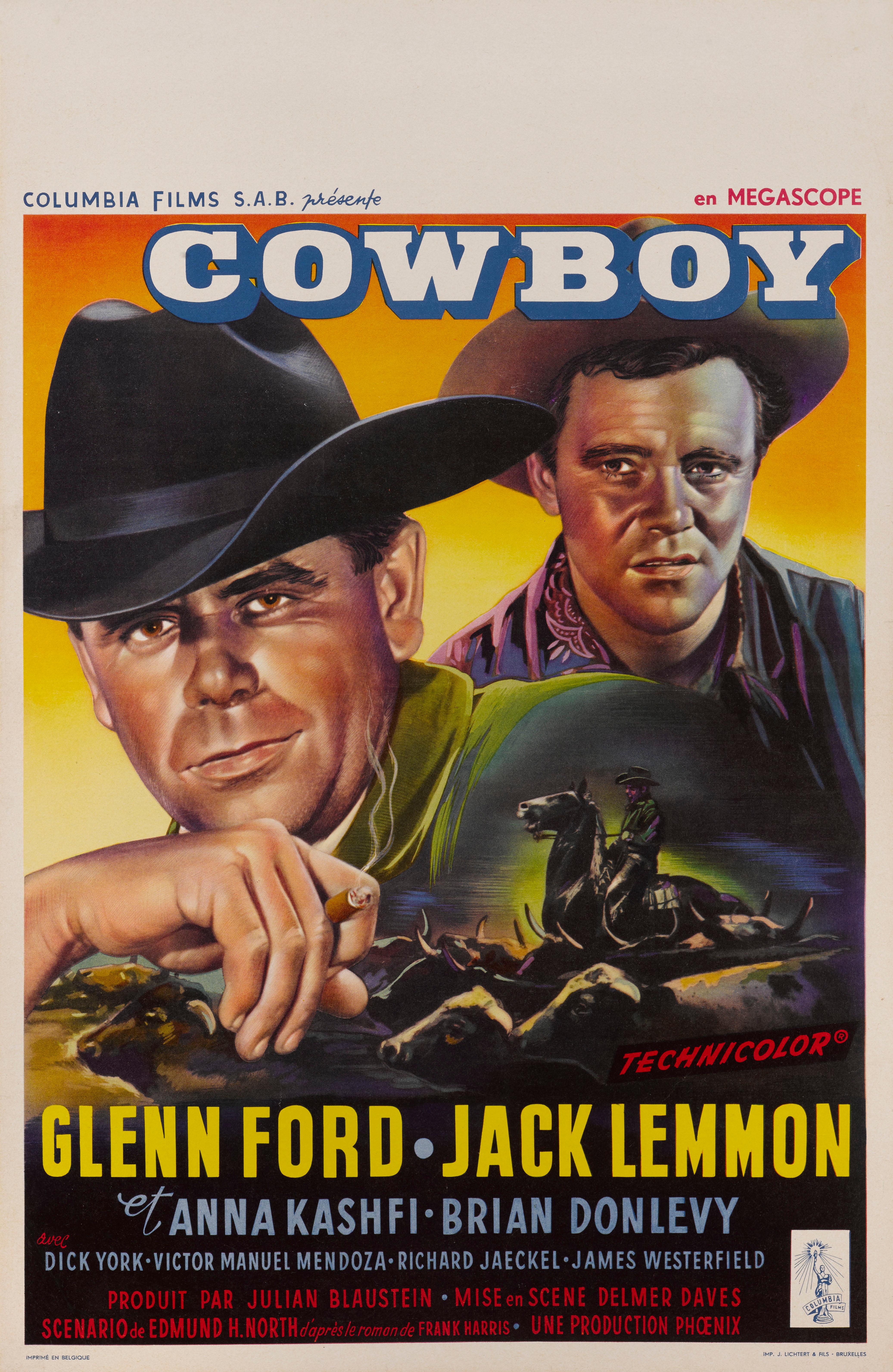 Original Belgian film poster for the Western Cowboy 1958 starring Glenn Ford, Jack Lemmon, Anna Kashfi and directed by Delmer Daves.