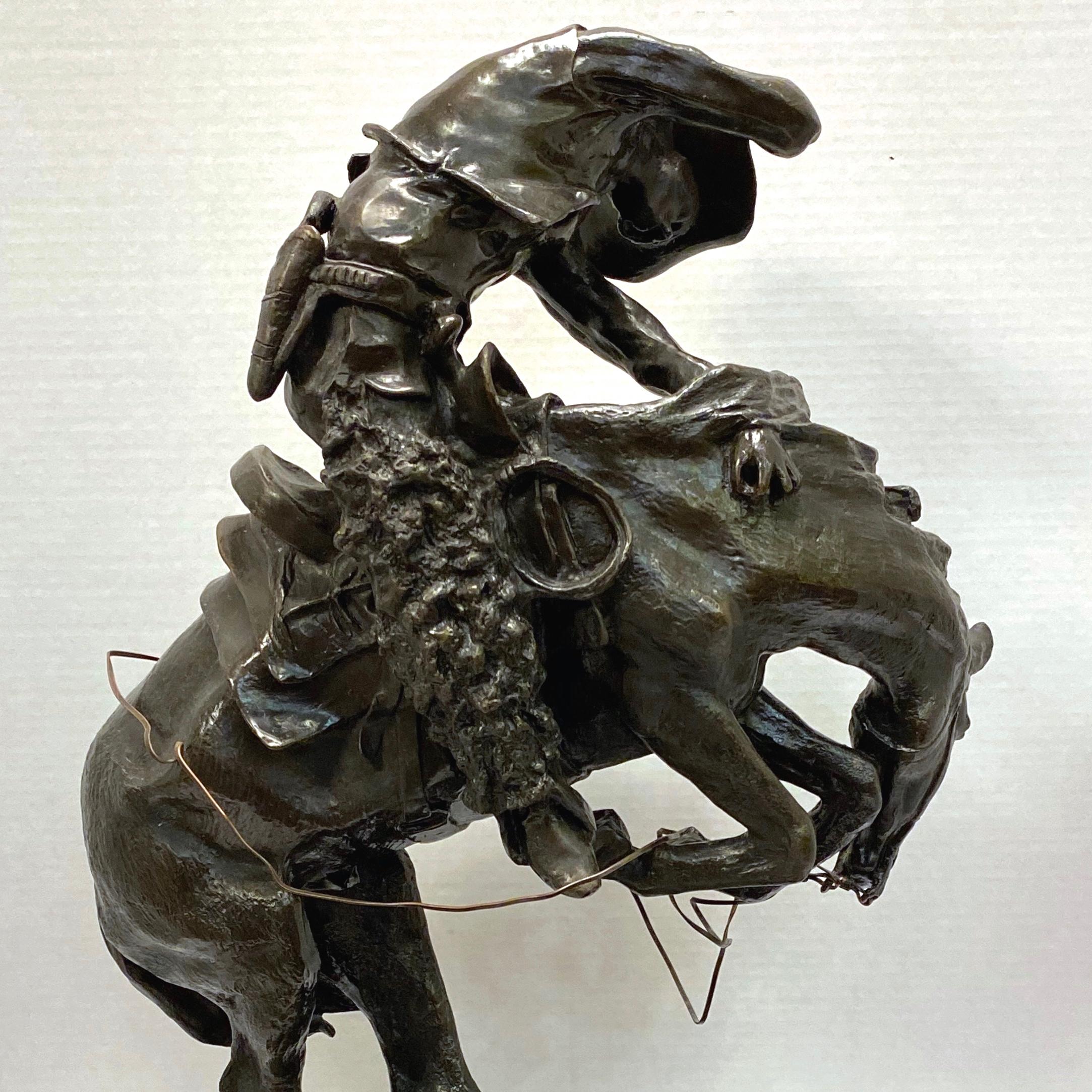 Patinated Cowboy on Bronco Bronze After Remington For Sale